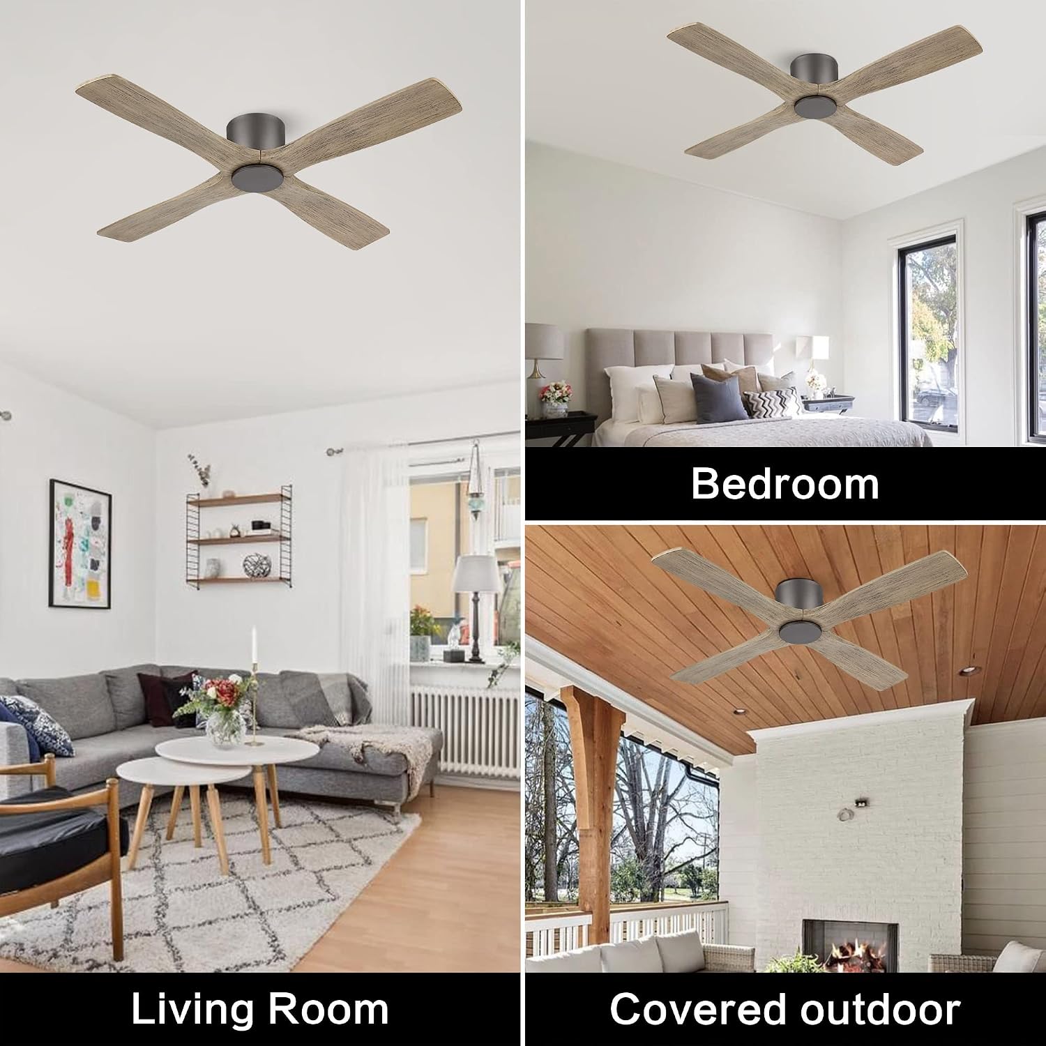WINGBO 48 Inch Flush Mount DC Ceiling Fan without Lights, 4 Reversible Carved Wood Blades, 6-Speed Noiseless DC Motor, Hugger Ceiling Fan No Lights in Graphite Finish with Gray Blades, ETL Listed