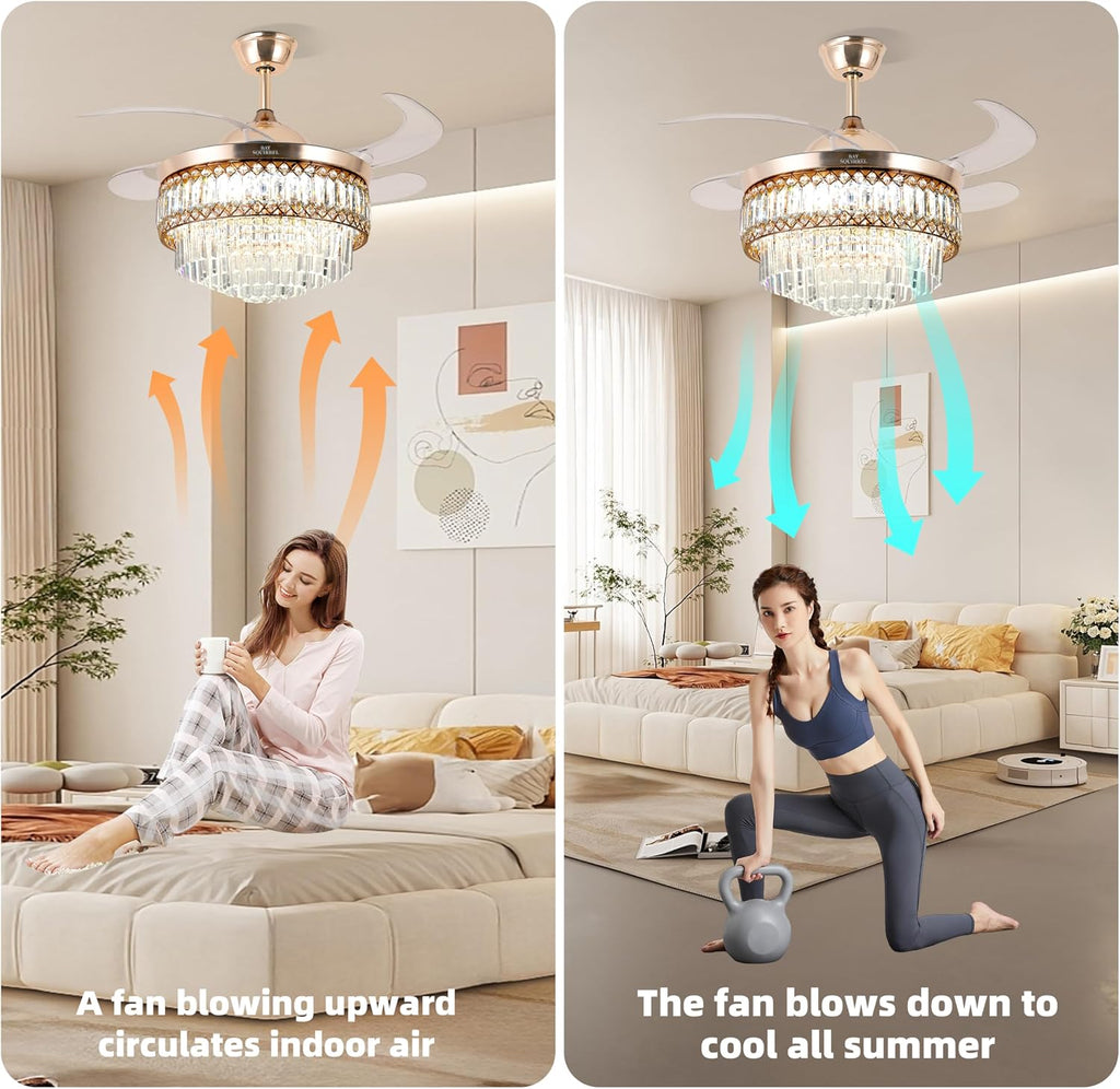 Retractable Crystal Ceiling Fan with Lights and Remote/APP Control, Bluetooth Ceiling Fan with Speaker, 6-Speed Reversible Blades, RGB Light, Invisible Fandelier for Bedroom Dinning Room 42'