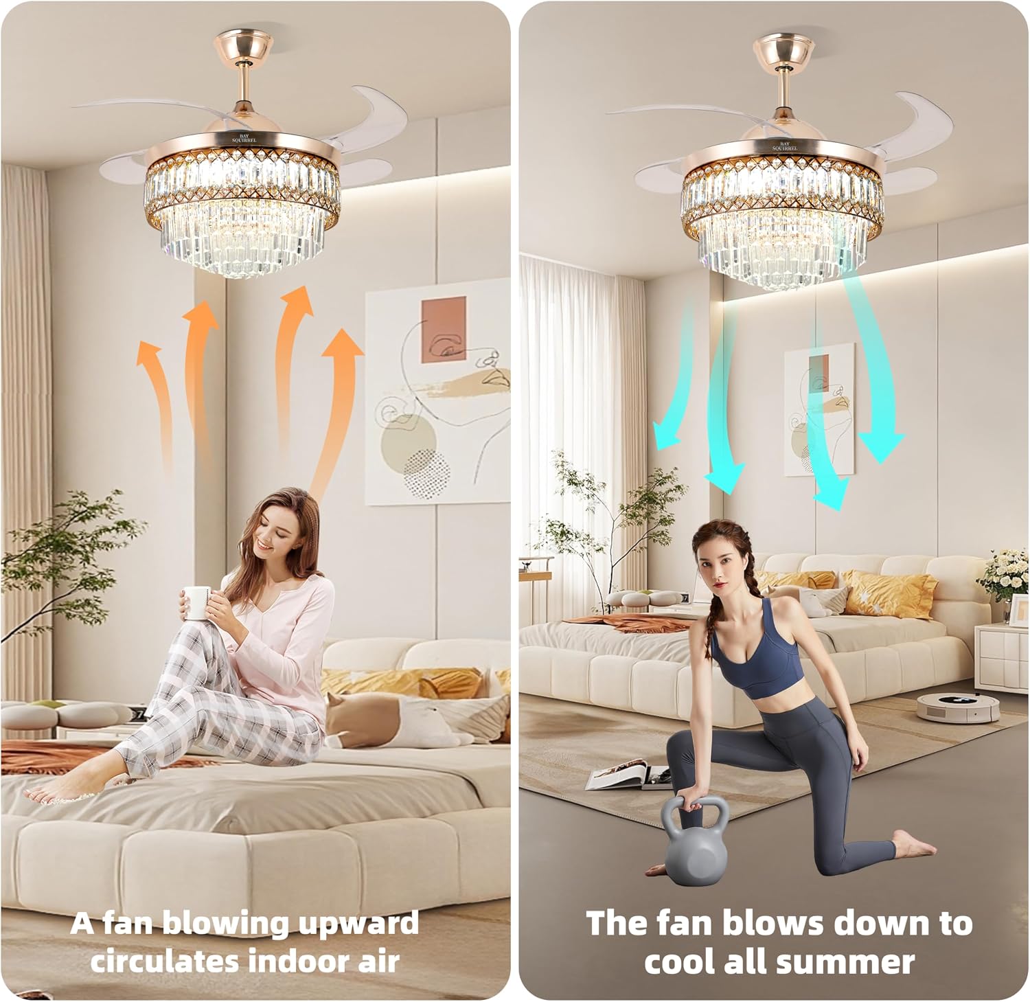 Retractable Crystal Ceiling Fan with Lights and Remote/APP Control, Bluetooth Ceiling Fan with Speaker, 6-Speed Reversible Blades, RGB Light, Invisible Fandelier for Bedroom Dinning Room 42'