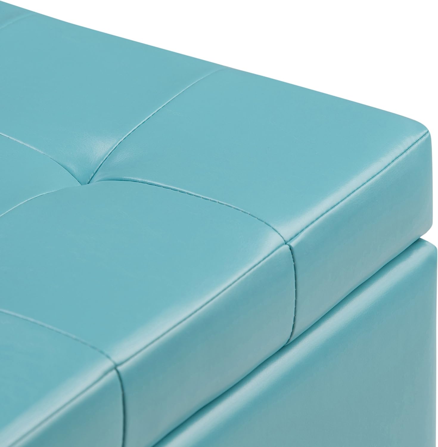 SIMPLIHOME Cosmopolitan Storage Ottoman - 34 inch Wide Upholstered Vegan Leather Rectangle Storage Ottoman Bench in Soft Blue, Transitional Tufted Ottoman for Living Room or Entryway with Lift-Up Lid