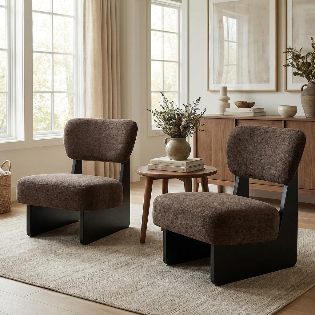 Christopher Knight Home Mores Low Profile Accent Chair Set of 2, Modern Living Room Armless Lounge Chair, Fabric Comfy Reading Chair for Bedroom, Wooden Frame and Thick Padded Seat, Black+Dark Brown