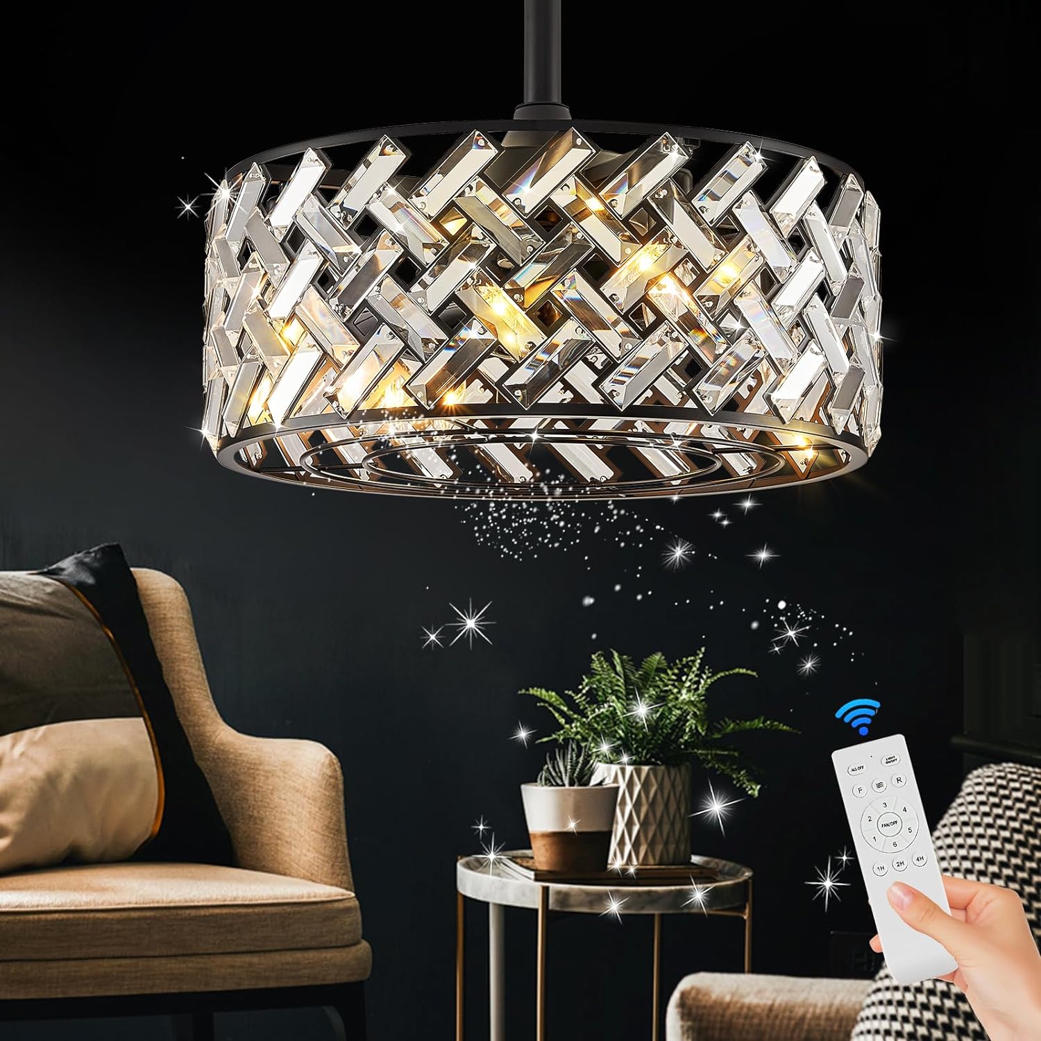 Modern Caged Ceiling Fan with Light Crystal Fandelier with Remote Control 18' Black Flush Mount Ceiling Fan DC Motor with Reversible 8 Blades 6 Speeds for Bedroom Dining Room Kitchen