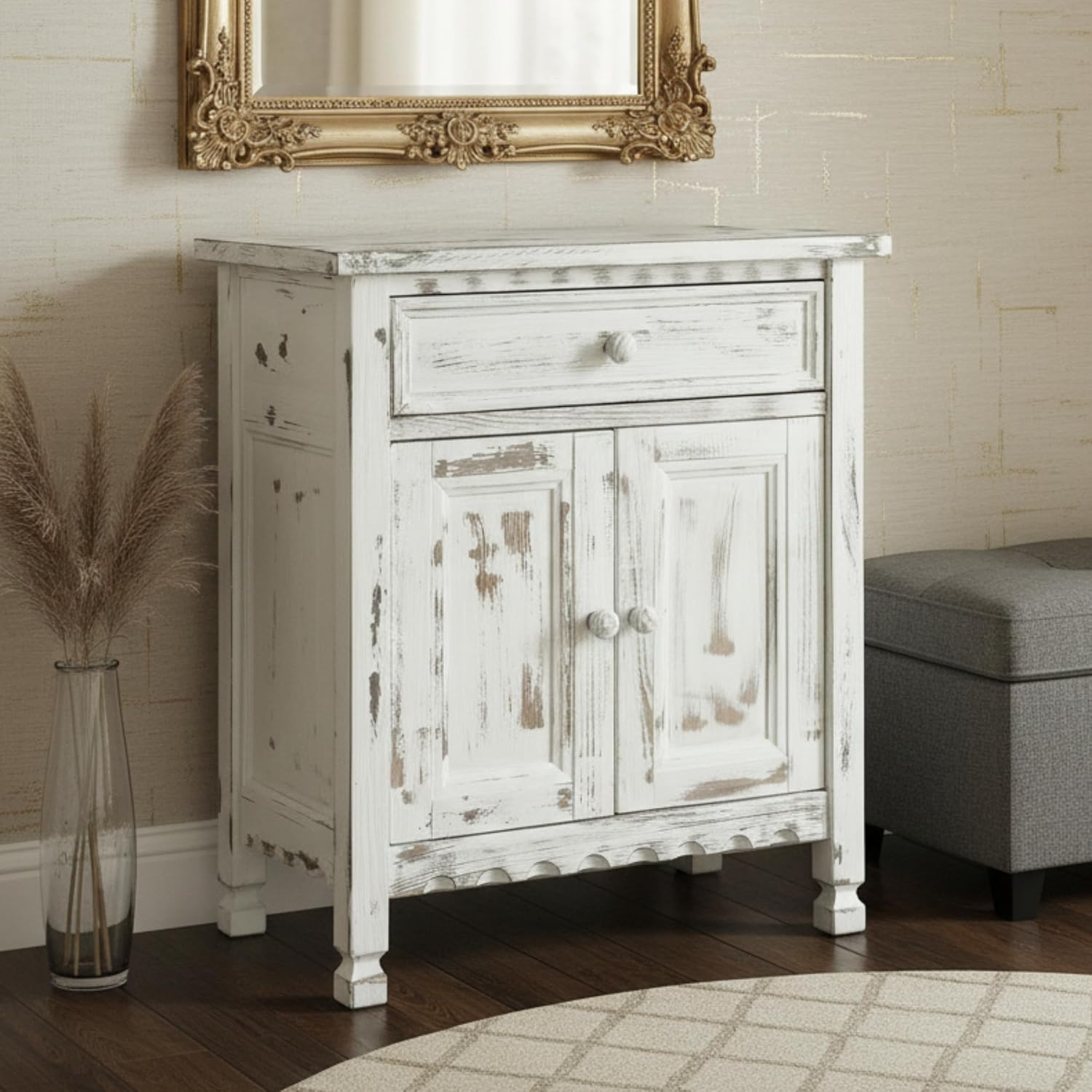 Alaterre Furniture Country Cottage Accent Cabinet with Drawer, Adjustable Shelf & 2 Doors – Modern Farmhouse Sideboard Buffet Storage Cabinet for Living Room, Dining Room or Entryway (White Antique)