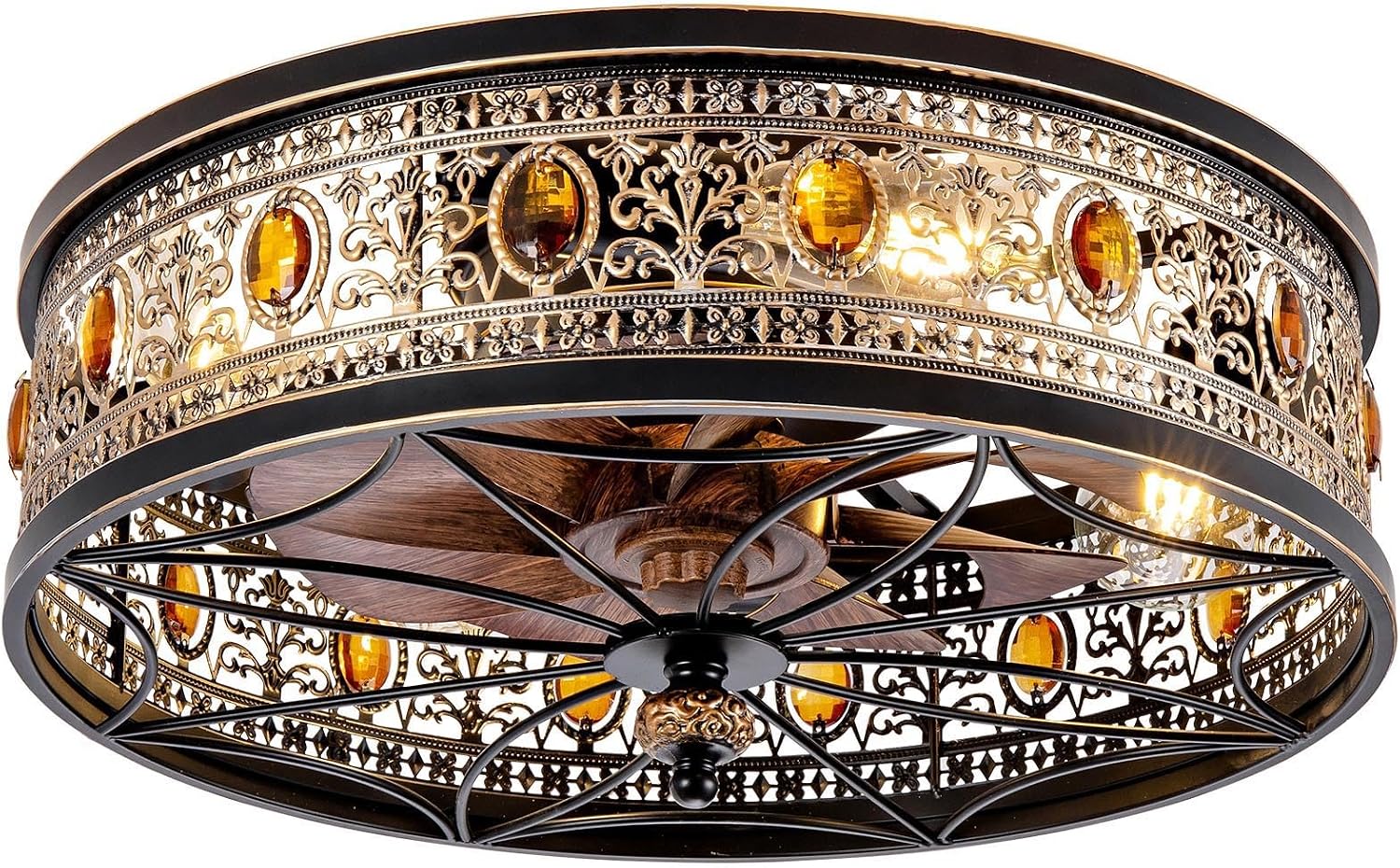 Caged Ceiling Fan with Light, Vintage Victorian Rustic Crystal Fandelier, Low Profile Flush Mount, Small Enclosed Bladeless Ceiling Fan for Bedroom, Kitchen, Living Room, Dining Room