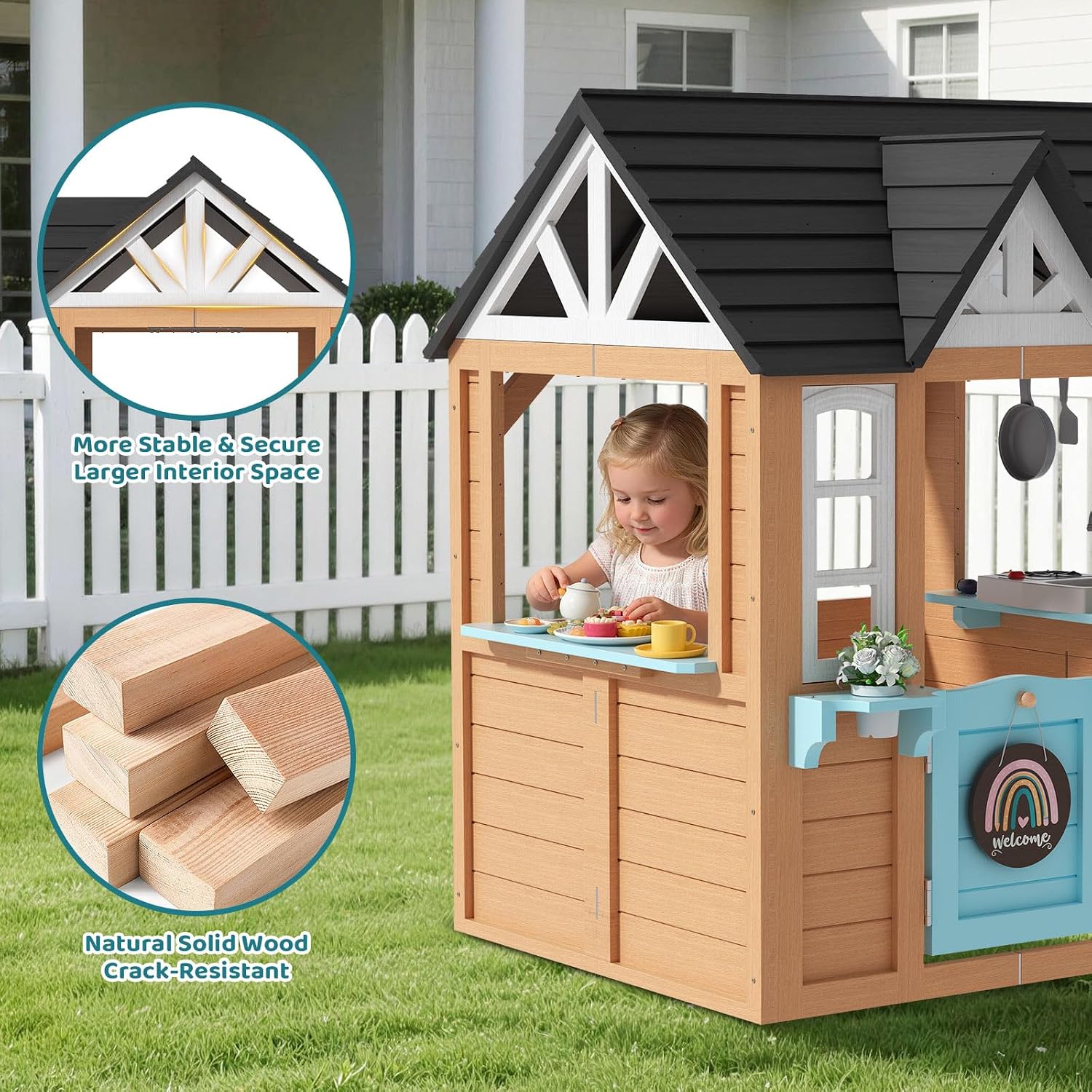 BIERUM Outdoor Playhouse for Kids - Wooden Kid Play House with Play Kitchen, Birdhouse, Flowerpot Holders and Mud Molds, Premium Wood Kids Cottage for Ages 3-8, Backyard Pretend Play, Blue & Brown