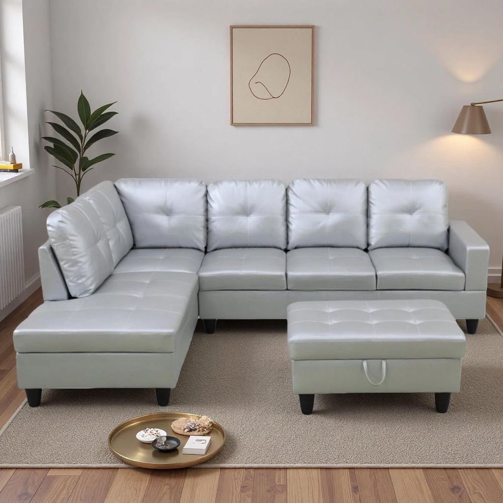 103.5' Sectional Couches for Living Room, Leather 4 Seat L Shaped Couch with Chaise, 3-Piece Modular Sofa with Storage Ottoman, Home Furniture Sets for Apartment Office, Silver
