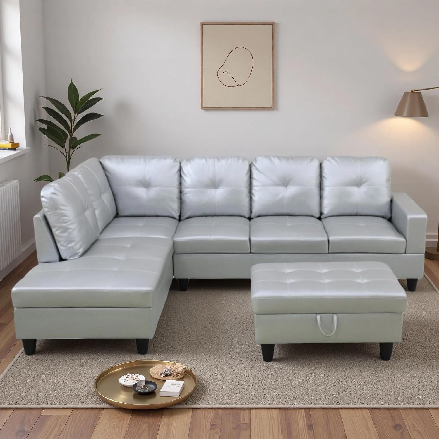 103.5' Sectional Couches for Living Room, Leather 4 Seat L Shaped Couch with Chaise, 3-Piece Modular Sofa with Storage Ottoman, Home Furniture Sets for Apartment Office, Silver
