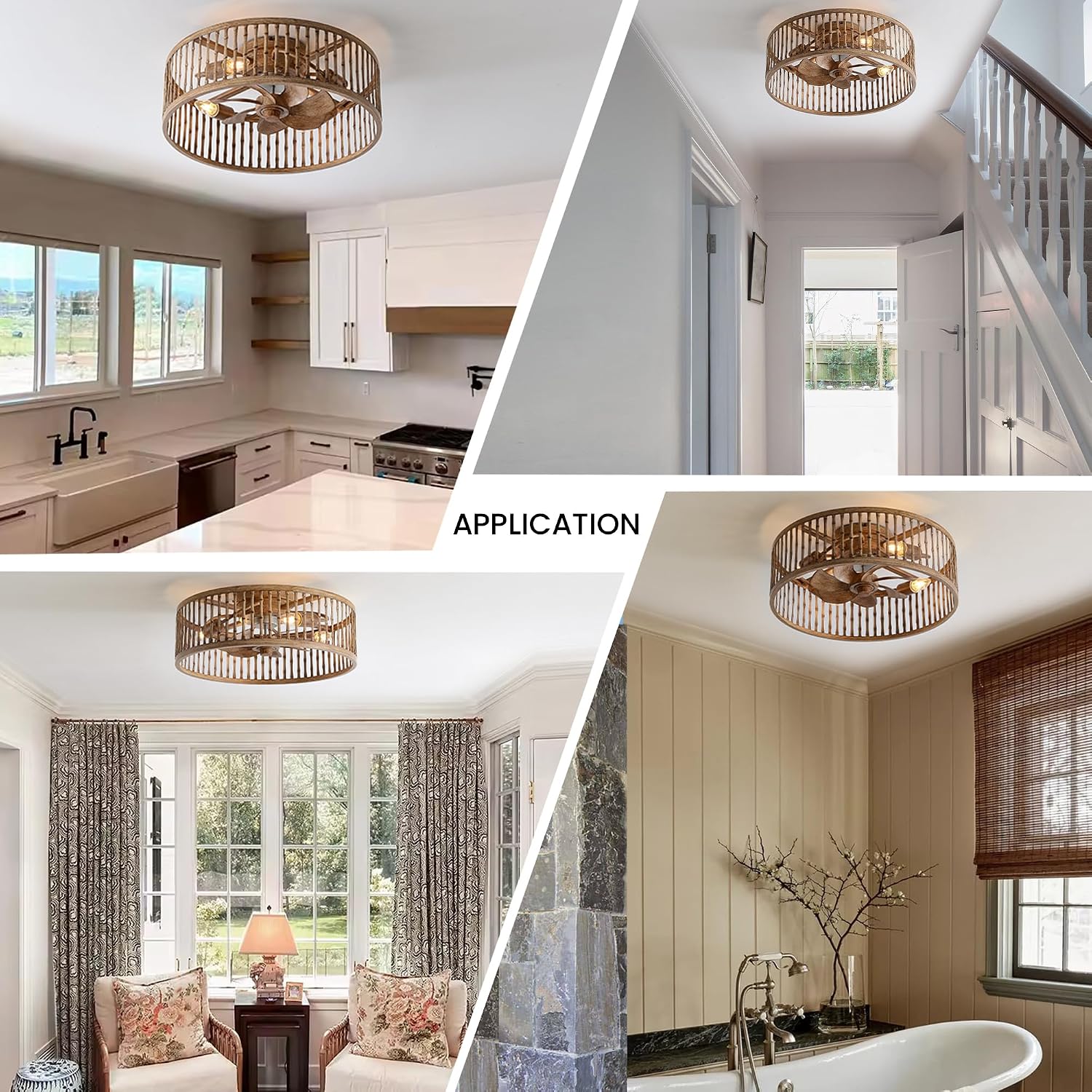 Rustic Looking Caged Ceiling Fan with Lights and Remote, 20 Inch Low Profile Flush Mount Fandelier, Bladeless/Quiet Motor Boho Fan Light for Bedroom, Dining Room, Kitchens, Living Room, Office