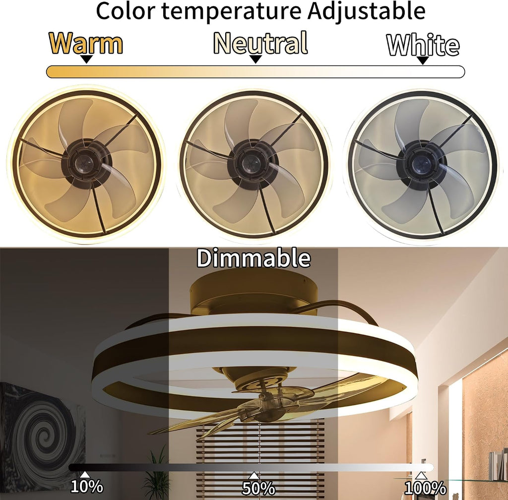 360° Oscillating Low Profile Ceiling Fan with Light, 20' Rotating Modern Flush Mount Ceiling Fan with Lights,LED 3000K-6500K Dimmable Quiet 6 Wind Speeds for Bedroom, Kitchen