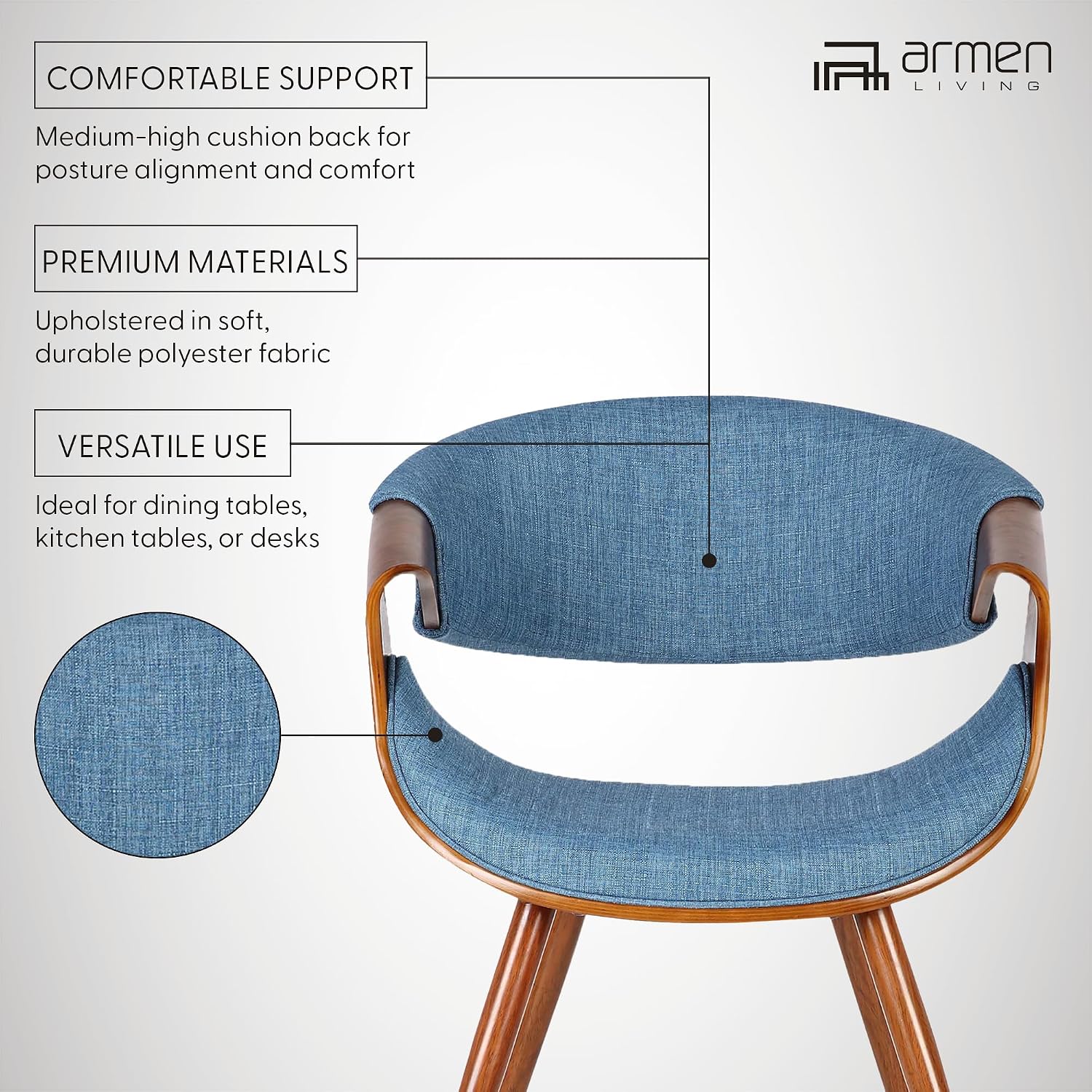 Armen Living Butterfly Mid-Century Dining Chair in Walnut Finish and Blue Fabric