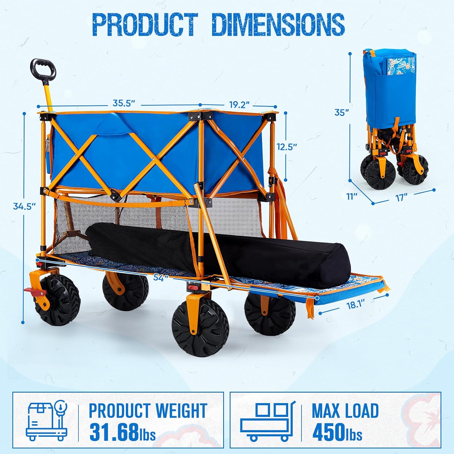 Old Bahama Bay 400L Collapsible Double Decker Beach Wagon with Brakes, Folding Beach Cart with 54' Extra Long Decker, 450LBS Heavy Duty Wagon Chart with All-Terrain Big Wheels for Sand Camping Garden