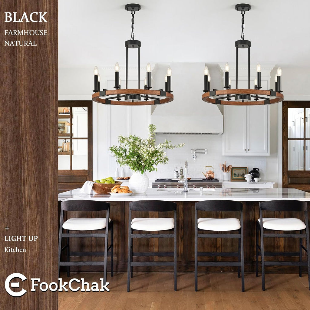 Farmhouse Wooden Wagon Wheel Chandelier 8 Light Round Chandelier Light Fixtures 24in Rustic Wood Wheel Chandelier for Kitchen Island Dining Room Entryway Living Room