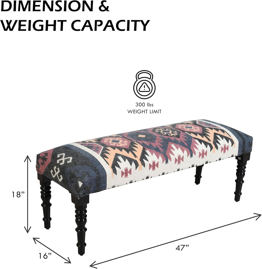 LR Home Upholstered Bench for Bedroom End of Bed |Southwestern Vintage Ottoman Bench with Cushion for Dining, Living Room, Entryway, Window, Outdoor | 47' W X 16' D X 18' H | Red/Ivory/Multicolor