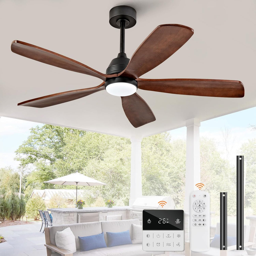 52 Inch Ceiling Fans with Lights and Remote, 5 Blades Wood Ceiling Fan with Light, Dimmable, Wall Switch, Reversible DC Motor, Modern Indoor Outdoor Ceiling Fan for Patio Bedroom