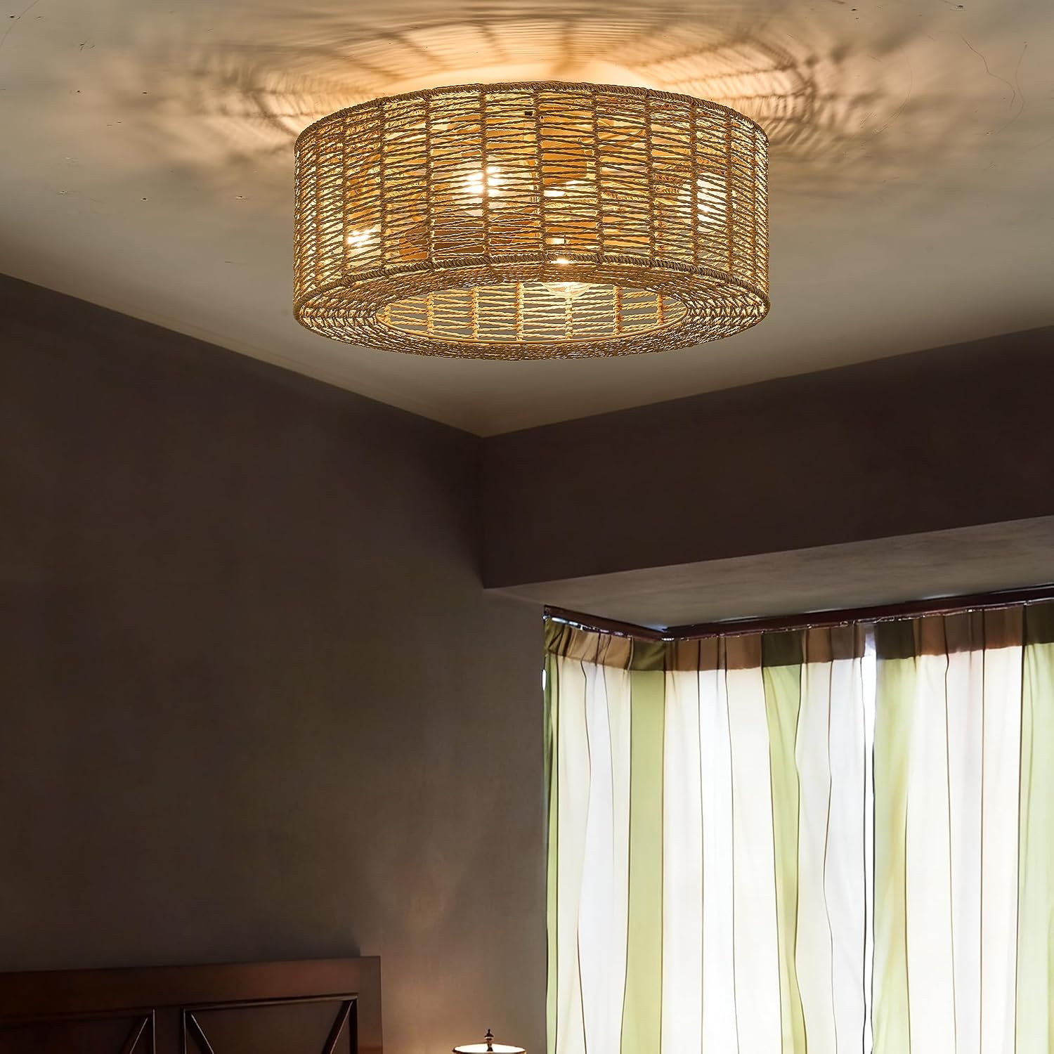 20' Rattan Caged Flush Mount Fandelier，Brown Boho Ceiling Fan with Remote, Reversible