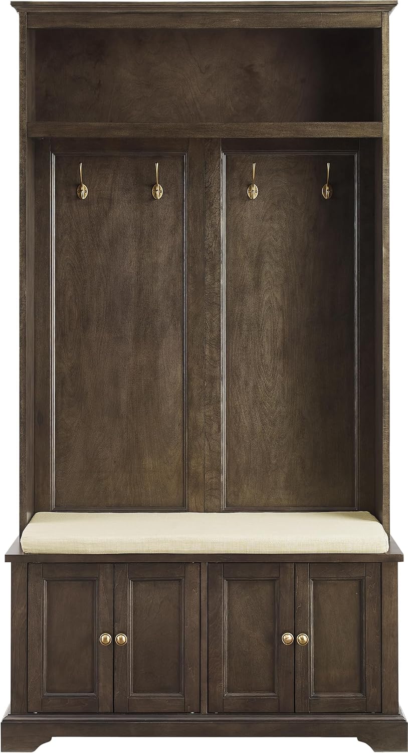 Crosley Furniture Holbrook Hall Tree with Shoe Rack Bench and Coat Hooks for Hanging Storage, Coffee