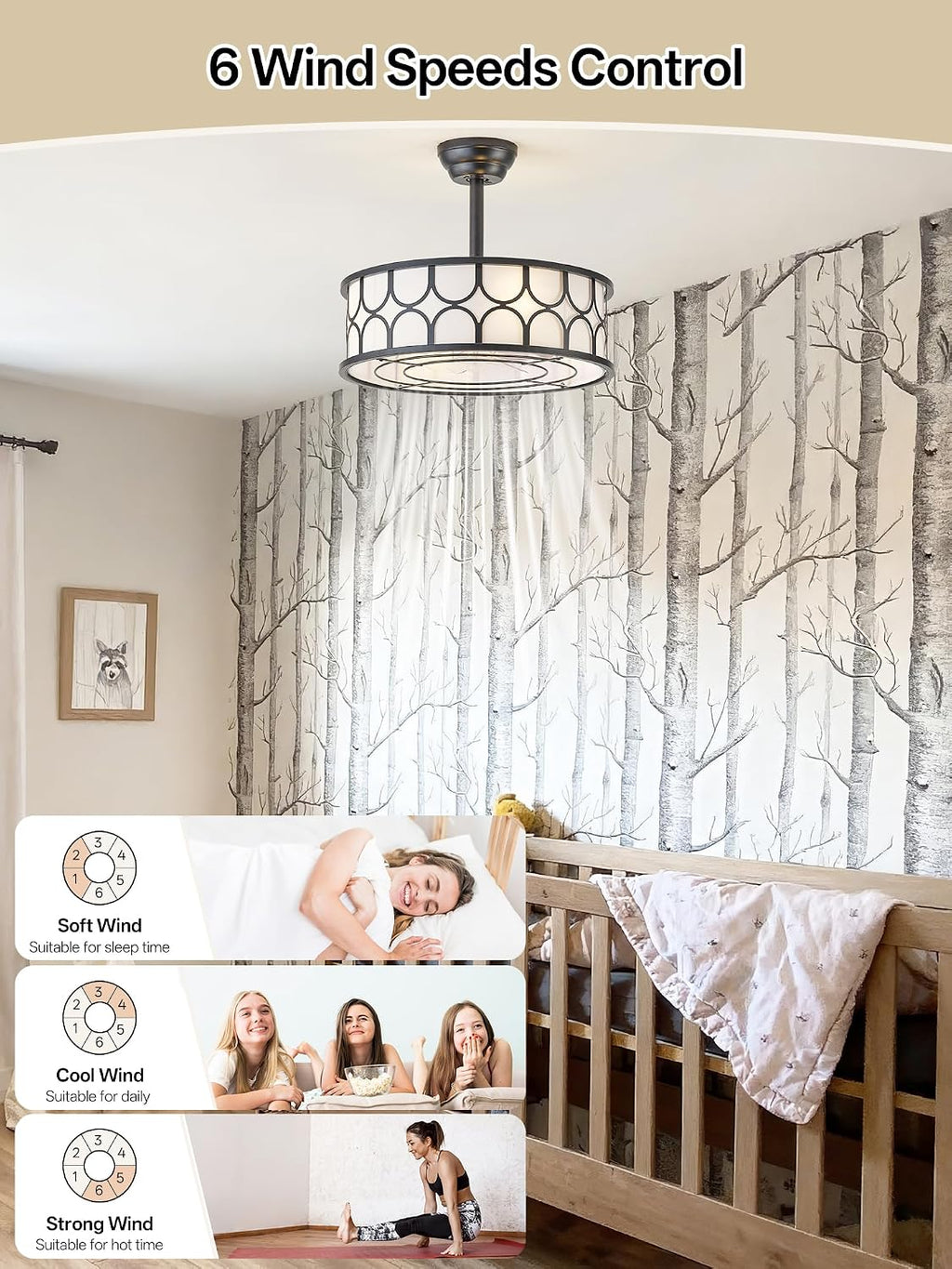 20' Black Boho Fandelier Ceiling Fan with Lights, Caged Bladeless Ceiling Fan with Light Remote Control, Chandelier with 6 Speeds for Bedroom, Nursery, Living Room