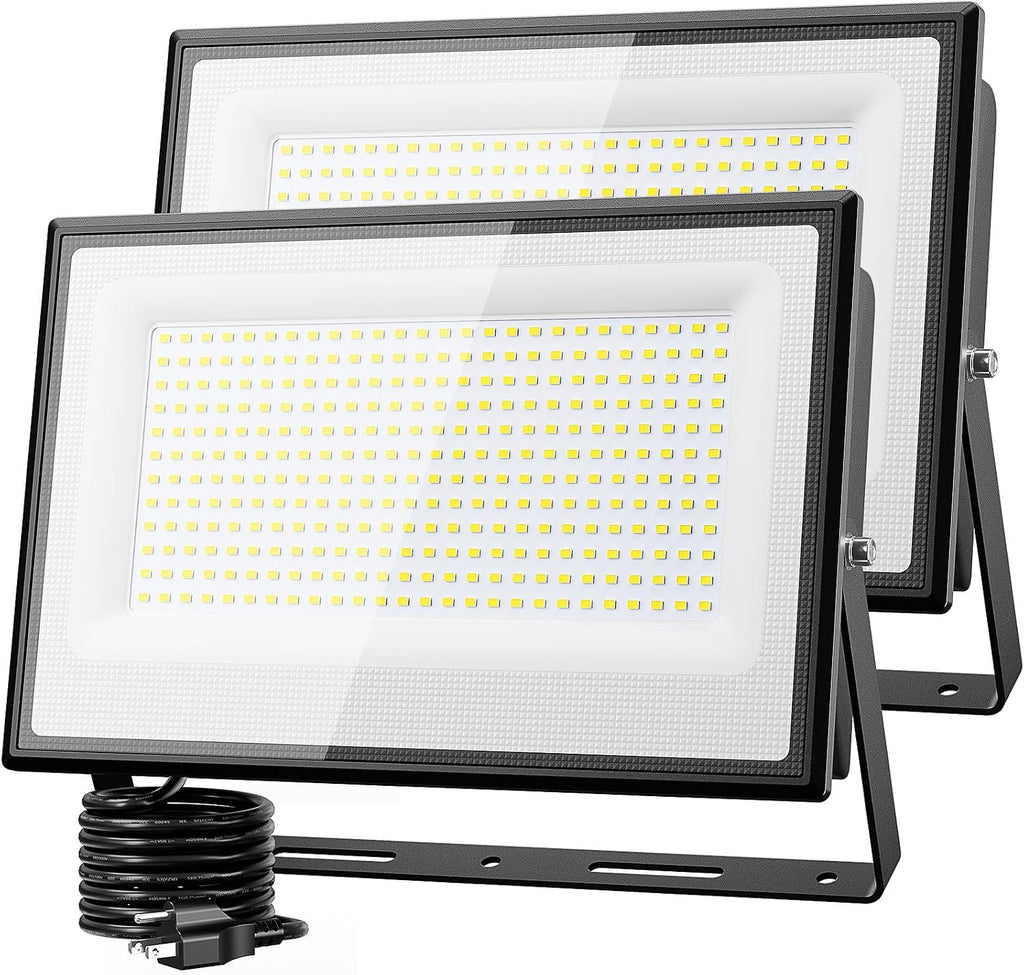 Olafus 2 Pack 300W LED Flood Light Outdoor, Super Bright Outside Floodlights with Plug, IP66 Waterproof 6500K Daylight White Exterior Security Light for Yard Stadium Lawn Barn