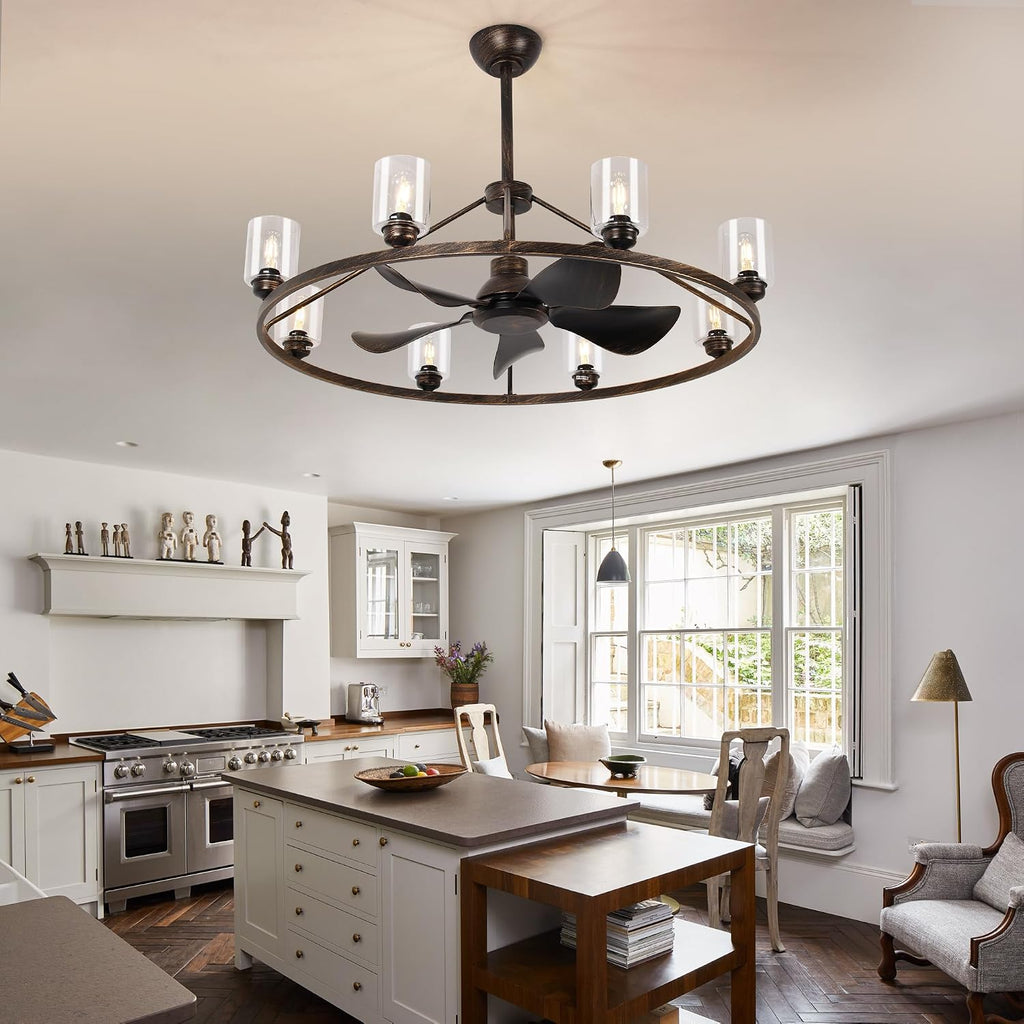44' Large Ceiling Fans with Lights Wagon Wheel Chandelier, Farmhouse Fandelier Classical Black Fans with Glass Lampshade Light Fixture,App, 6 Speed,Timing,Adjustable Height for Dining Room Living Room