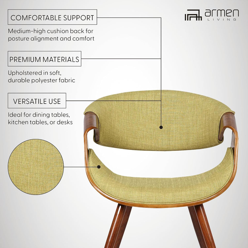 Armen Living Butterfly Mid-Century Dining Chair in Walnut Finish and Green Fabric