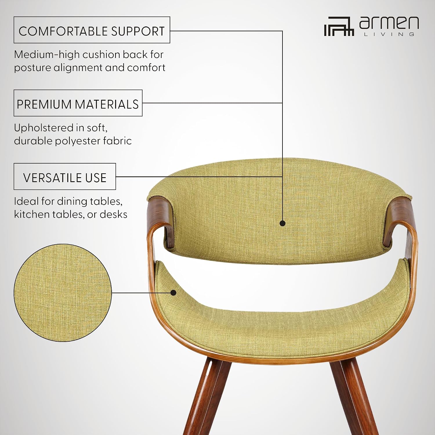 Armen Living Butterfly Mid-Century Dining Chair in Walnut Finish and Green Fabric