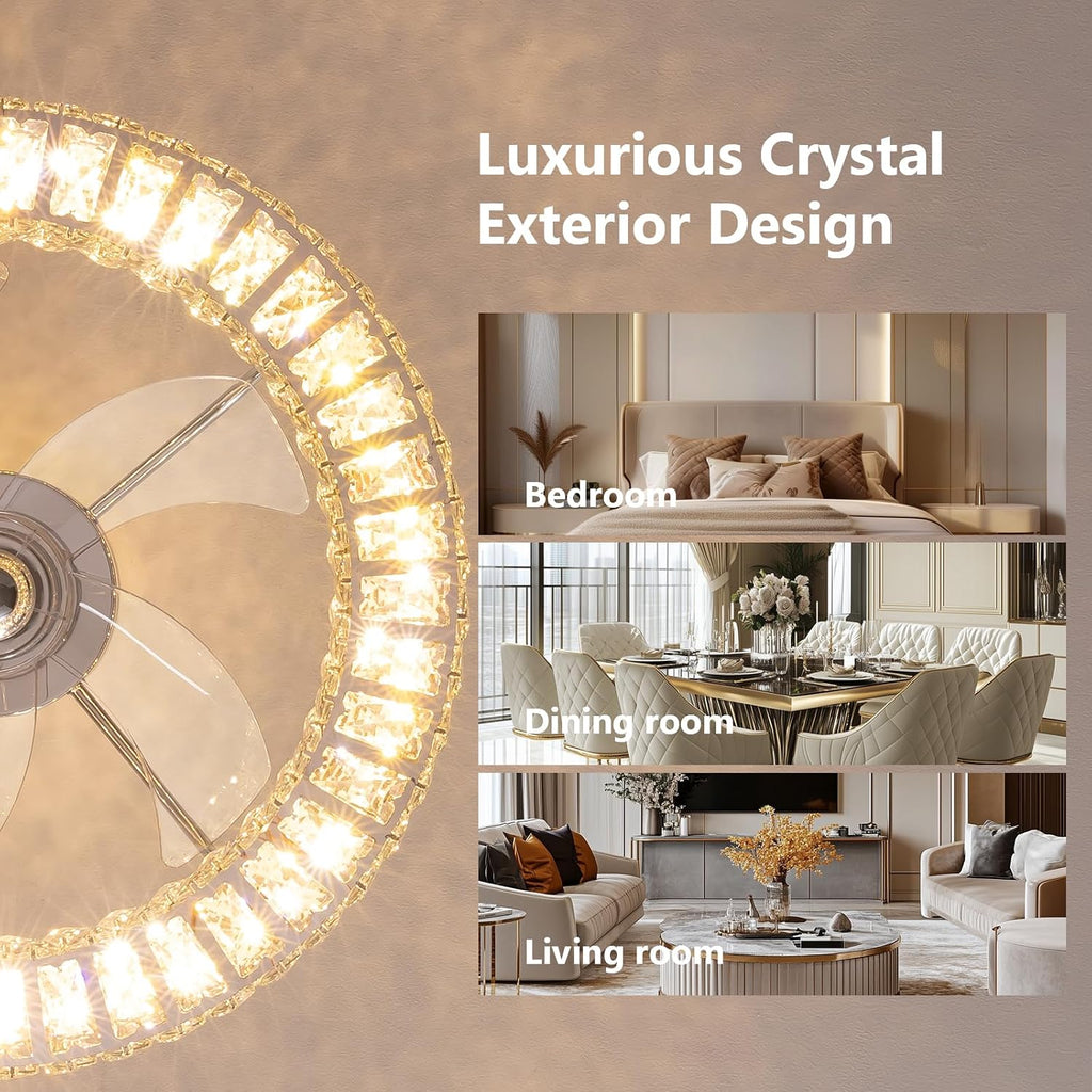 LUDOMIDE Crystal Ceiling Fans with Lights, 21' Fandelier Ceiling Fan with Light and Remote 6-Speed Wind, Dimmable LED, Chandelier Ceiling Fan for Bedroom Dining Room Living Room