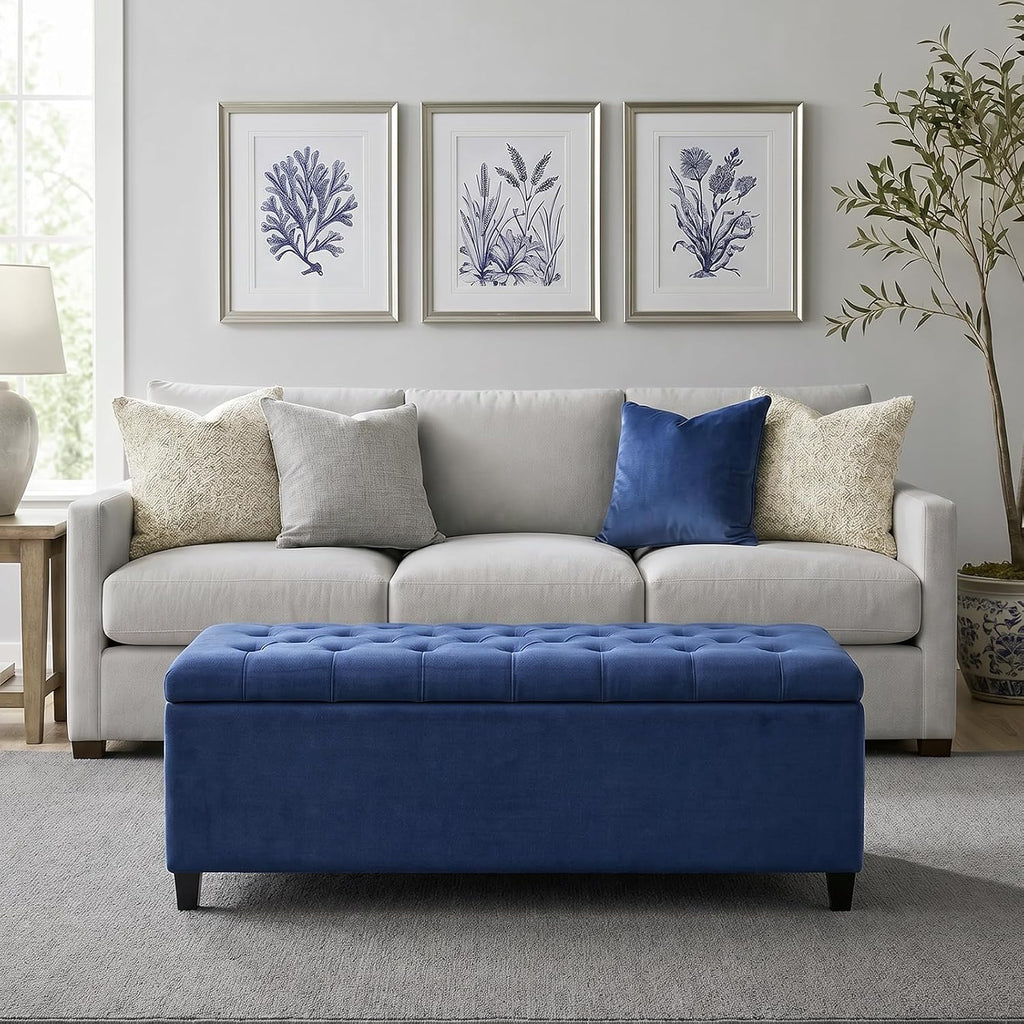 Madison Park 49' Upholstered Storage Bench, Button Tufted End of Bed Bench with Storage, Dual Spring Soft-Close Lid, Bedroom Bench for Queen King Bed, Entryway Living Room, Navy