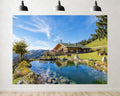 Trykid 20x10ft Alpine Chalet Clear Pond Rolling Hills Backdrop Idyllic Mountain Lodge Scene Photography Background Home Decoration Party Decoration Photo Booth Prop Fabric