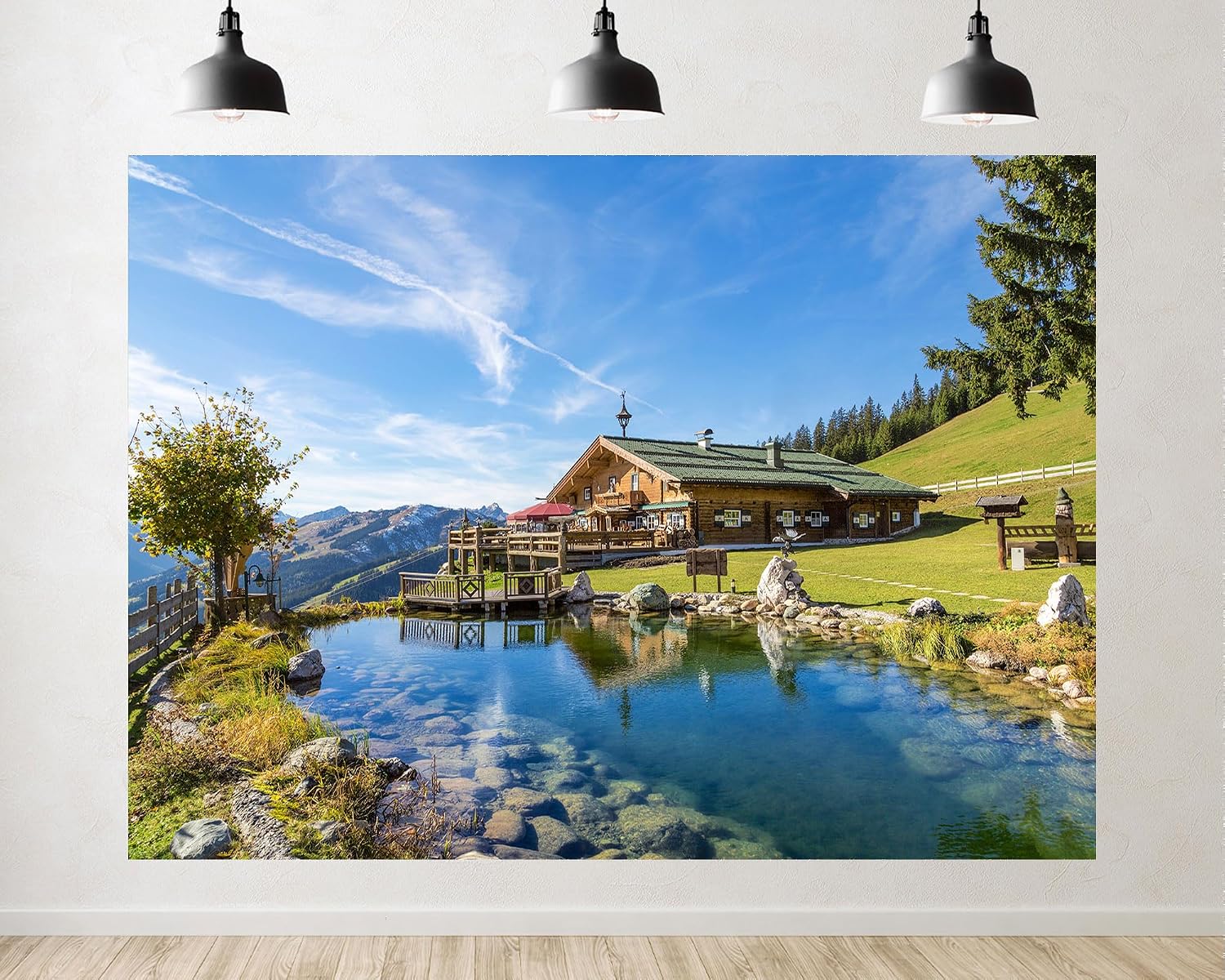 Trykid 20x10ft Alpine Chalet Clear Pond Rolling Hills Backdrop Idyllic Mountain Lodge Scene Photography Background Home Decoration Party Decoration Photo Booth Prop Fabric