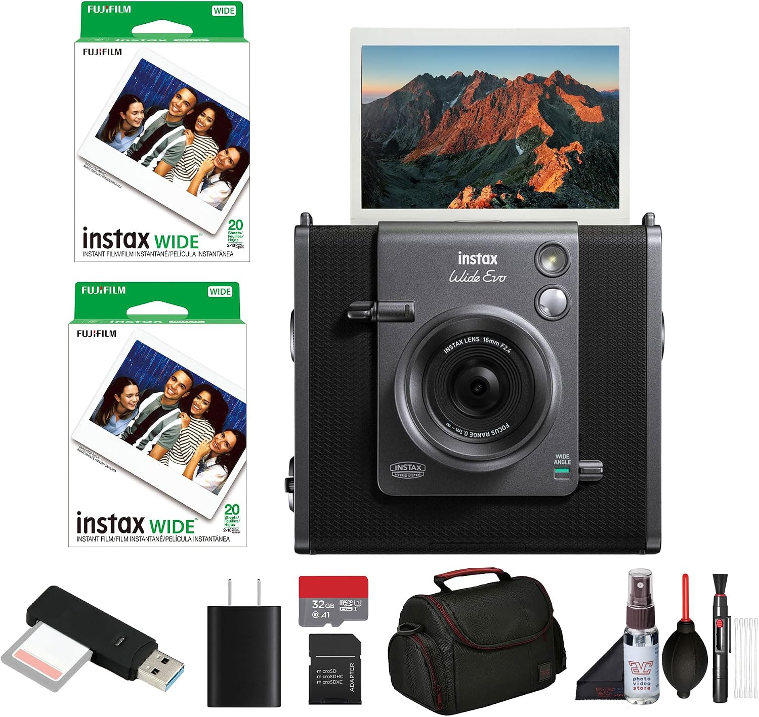 Fujifilm Instax Wide Evo Hybrid Instant Film Camera Bundle with 2X Instax-Wide Instant-Film 2 Pack (40 Exposures) + 32GB Memory Card + USB Card Reader + Bag + Cleaning Kit