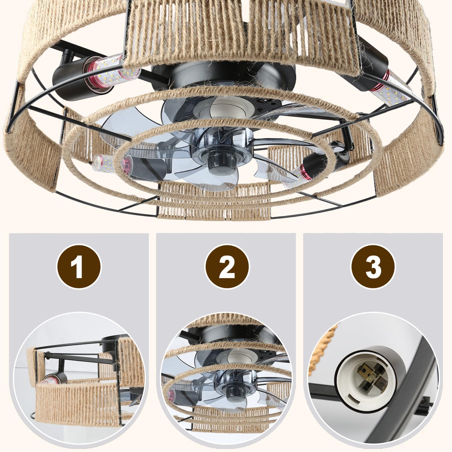 Ceiling Fans with Lights Flush Mount, 20 Inch Caged Low Profile Ceiling Fans with 3 Mode Lighting and Remote Control with E26 Bulbs for Bedroom, Nursery, Garage (Dark Yellow)