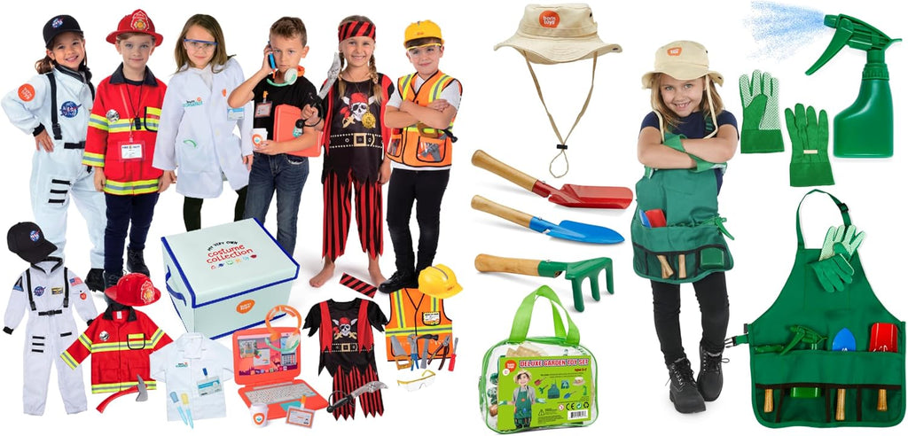 Born Toys 6-in-1 Kids' Dress Up & Pretend Play - Kids Costumes for Boys & Girls Ages 3-7 (Firefighter, Astronaut, Scientist, Construction, Pirate, Office Set and Gardening)