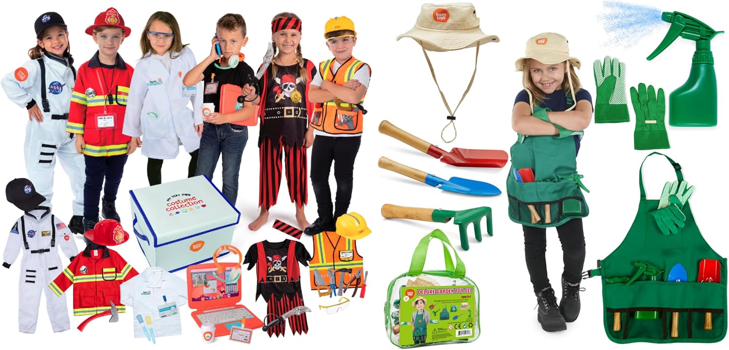 Born Toys 6-in-1 Kids' Dress Up & Pretend Play - Kids Costumes for Boys & Girls Ages 3-7 (Firefighter, Astronaut, Scientist, Construction, Pirate, Office Set and Gardening)