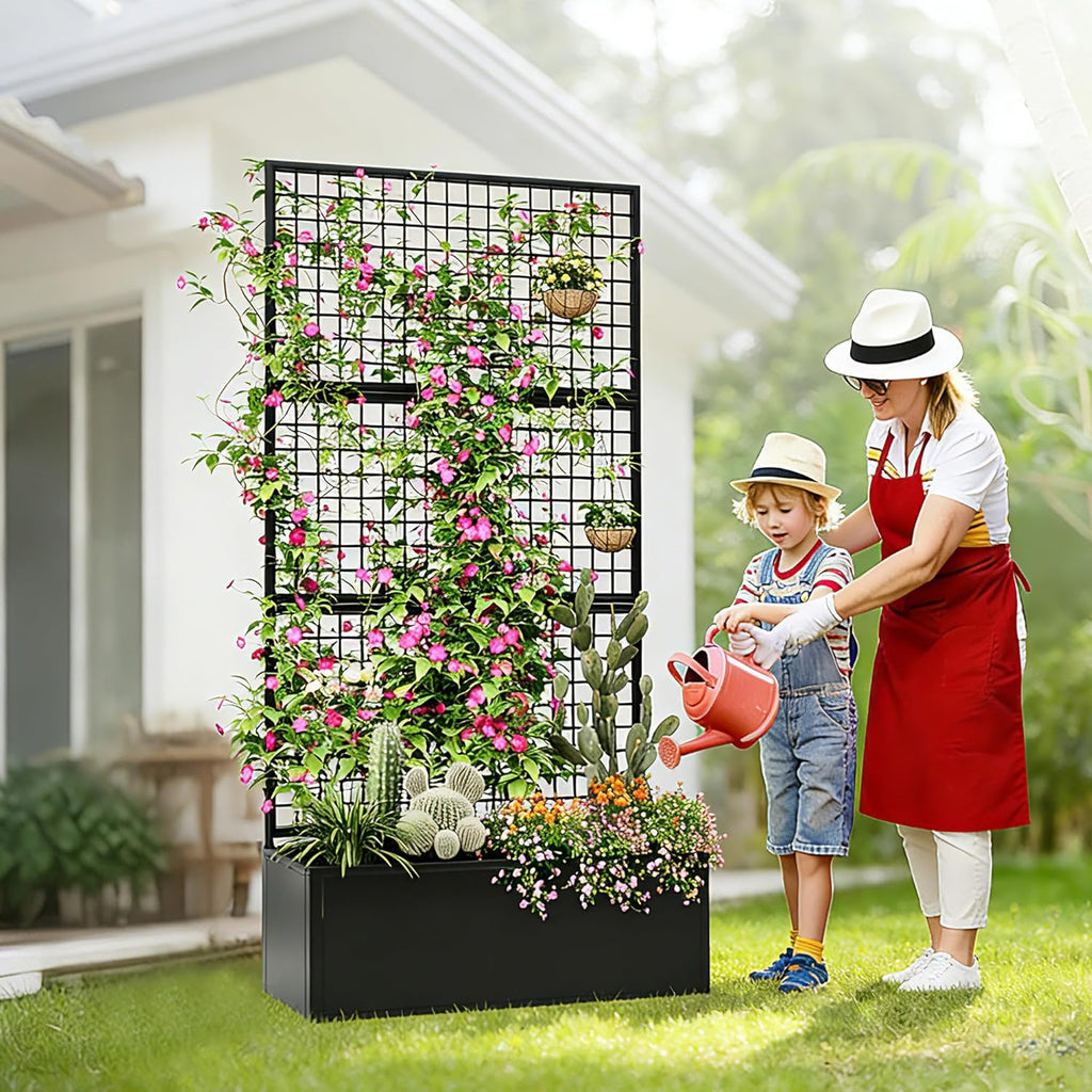 Privacy Planters for Patio – Metal Raised Garden Bed with Trellis and Privacy Screen, 71' x 35' x 16' Planter Box with Drainage Holes for Climbing Plants, Vegetables, and Vines, Outdoor Backyard Black