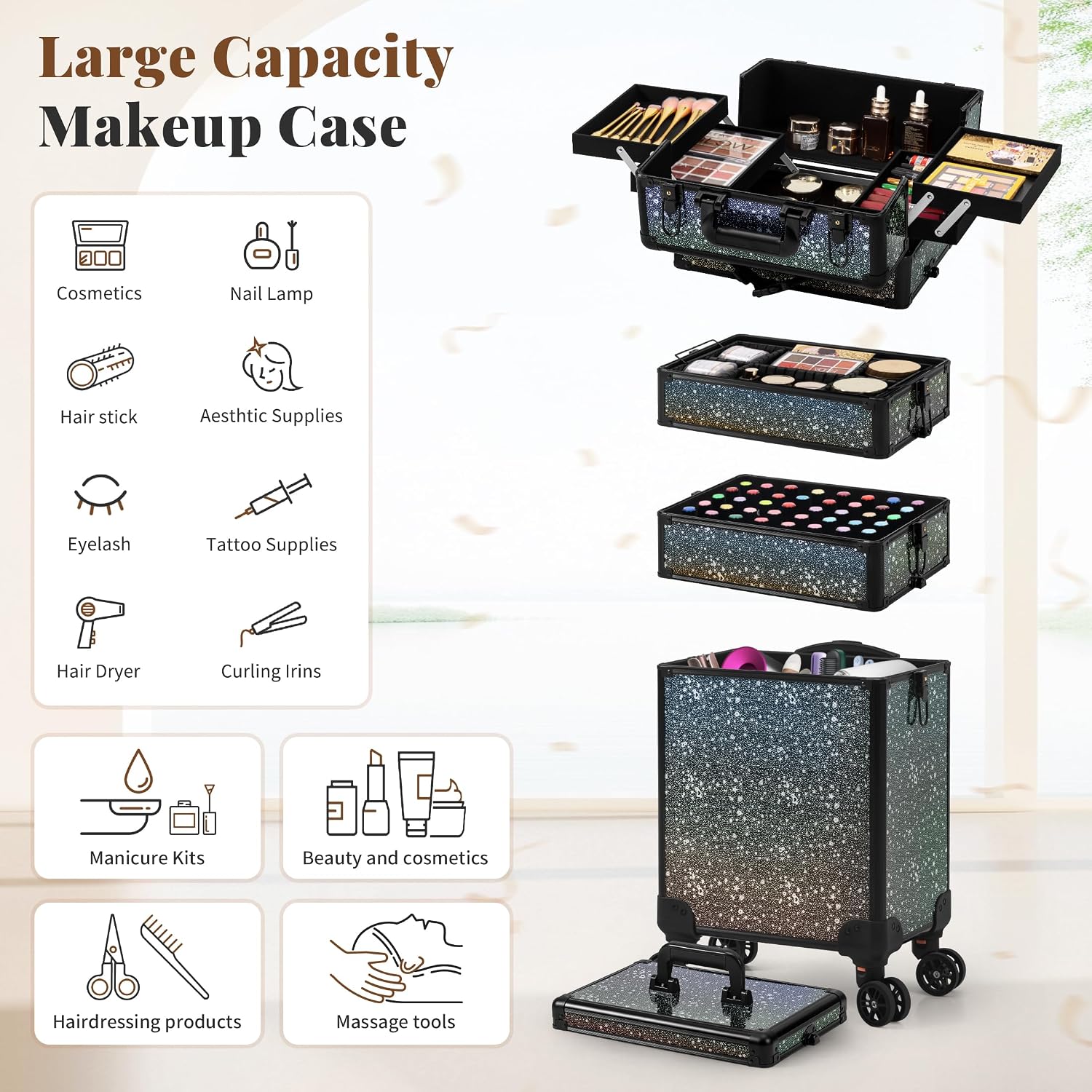 AROUS Rolling Makeup Train Case 5 in 1 Cosmetology Case on Wheels Large Cosmetic Organizer Travel Cart for Hairstylist Artist Nail Beauty Salon Barber,Black