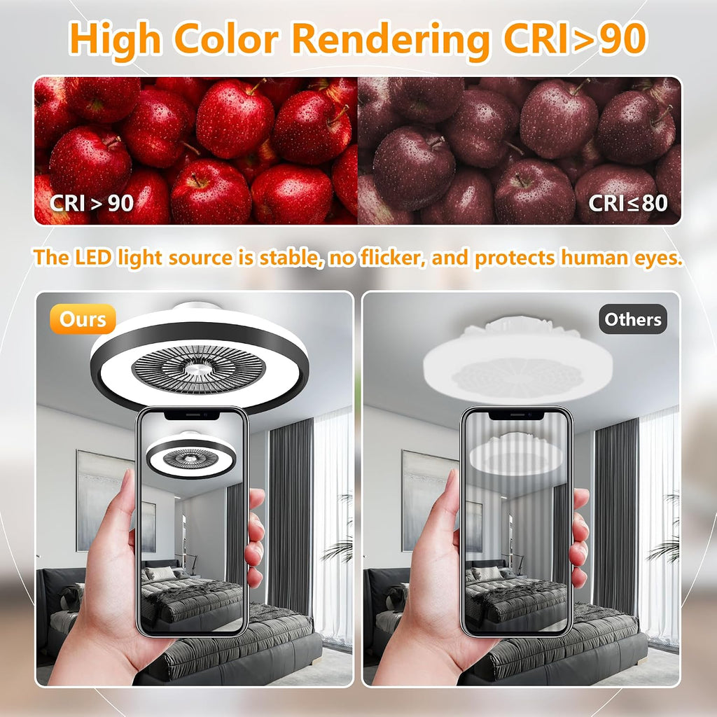 24' Low Profile Ceiling Fan with RGB Lights, Bladeless Ceiling Fan with Remote/APP/Voice Control, 6 Speeds Flush Mount