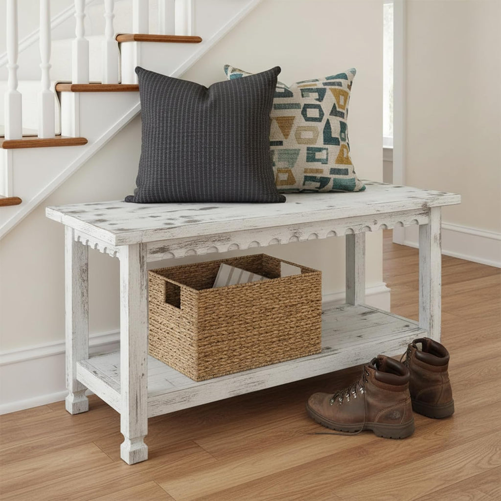 Country Cottage 36-Inch Farmhouse Entryway Bench with Storage Shelf – Solid Pine Wood Bench in Distressed White for Hallway, Bedroom, or Mudroom by Alaterre Furniture
