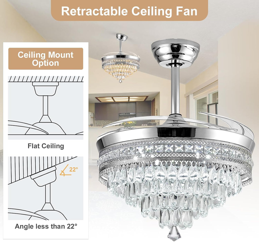 Baotree Chandelier Ceiling Fan with Lights and Remote,42 Inch Modern Flush Mount for Bedroom Indoor, Dimmable LED,Bluetooth Connection,Energy Efficient Quiet Retractable Blades (42 in White)