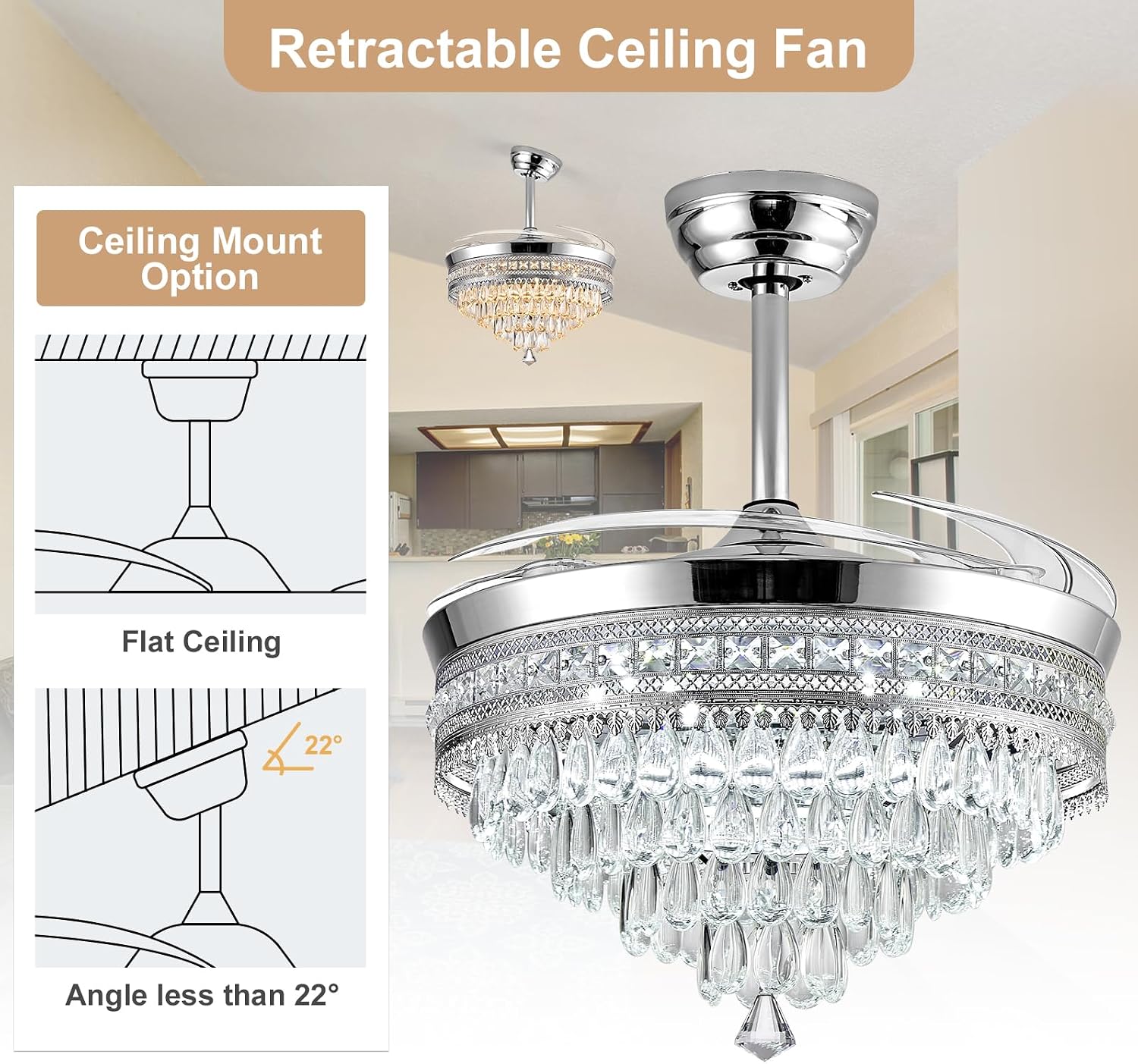 Baotree Chandelier Ceiling Fan with Lights and Remote,42 Inch Modern Flush Mount for Bedroom Indoor, Dimmable LED,Bluetooth Connection,Energy Efficient Quiet Retractable Blades (42 in White)