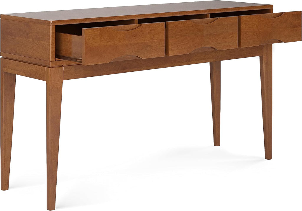SIMPLIHOME Harper Console Table - 54 Inch Wide Solid Hardwood Sofa Table in Teak Brown, Mid-Century Modern Storage Table for Entryway or Living Room with 3 Drawers, Notched Handles, and Tapered Legs