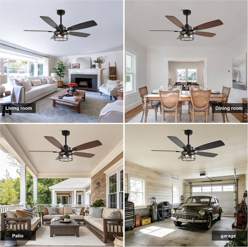 52 Inch Farmhouse Ceiling Fan with Lights Rustic Ceiling Fan Industrial Caged Black Fandelier Chandelier Light for Living Room Indoor Outdoor, Remote Control, Reversible 6 Speeds