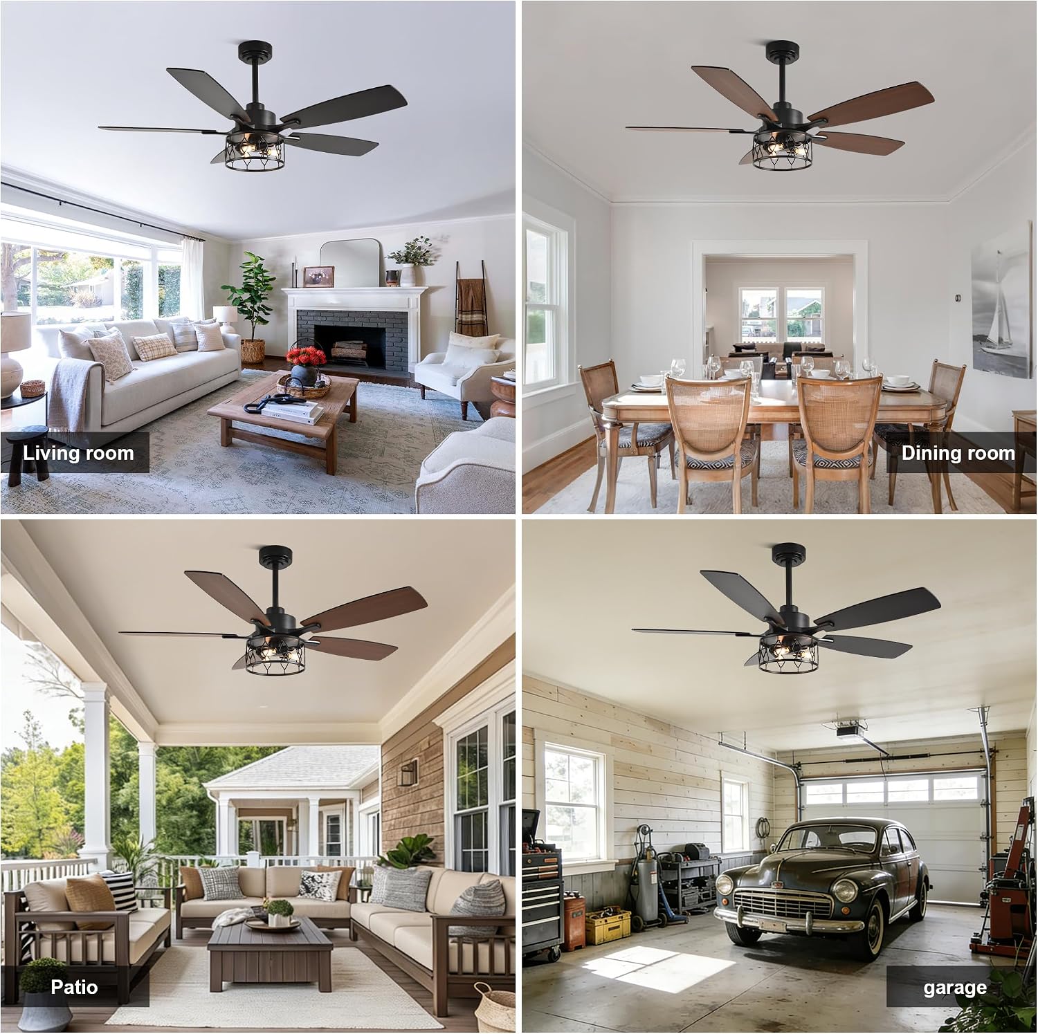 52 Inch Farmhouse Ceiling Fan with Lights Rustic Ceiling Fan Industrial Caged Black Fandelier Chandelier Light for Living Room Indoor Outdoor, Remote Control, Reversible 6 Speeds