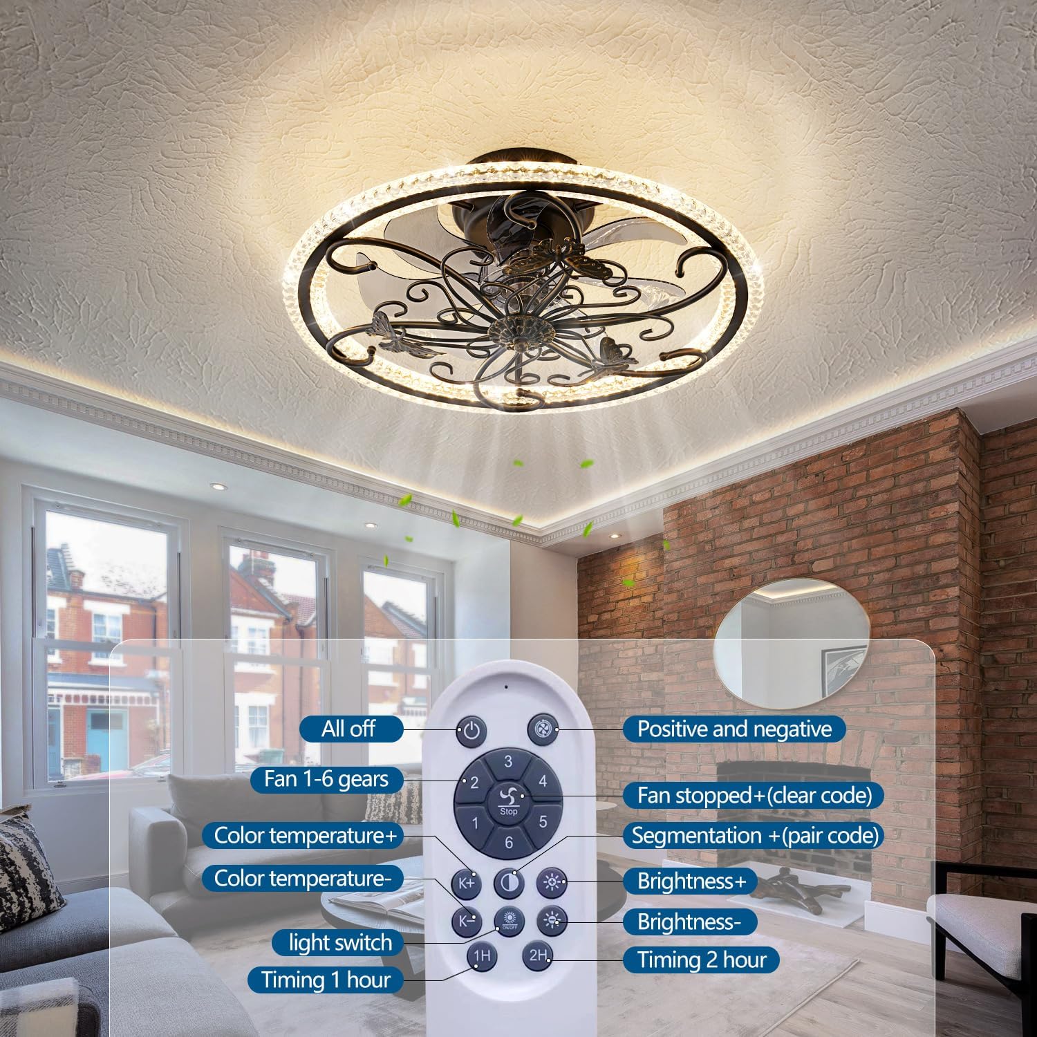 Retro Black Ceiling Fan with Lights Remote Control, 6 Speeds 3 Color Industrial Caged Ceiling Fan with Light for Kitchen Bedroom Living Room
