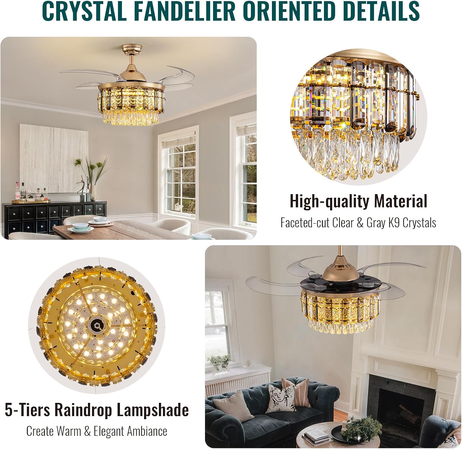Siljoy 48 Inch Crystal Ceiling Fan with Light, Retractable Ceiling Fan with Lights Chandelier Fan, 6 Speeds, Dimmable Rose Gold Crystal Fandelier for Bedroom, Living Room, Dining Room