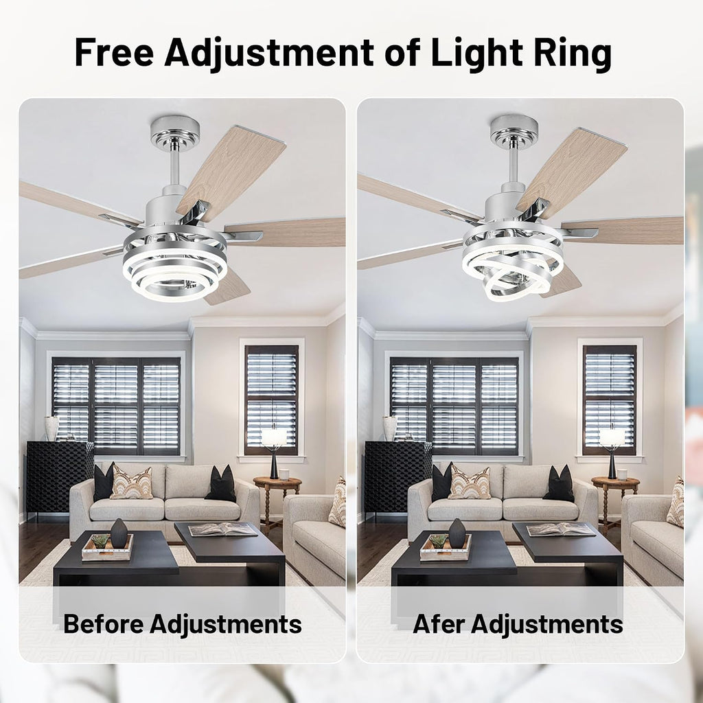 52 Inch Farmhouse Ceiling Fan with Light and Remote Control,Reversible DC Motor,Dimmable,DIY Rings LED,Chandelier Ceiling Fan with 5 Dual Finish Bladesfor Living Room/Dining Room/Bedroom