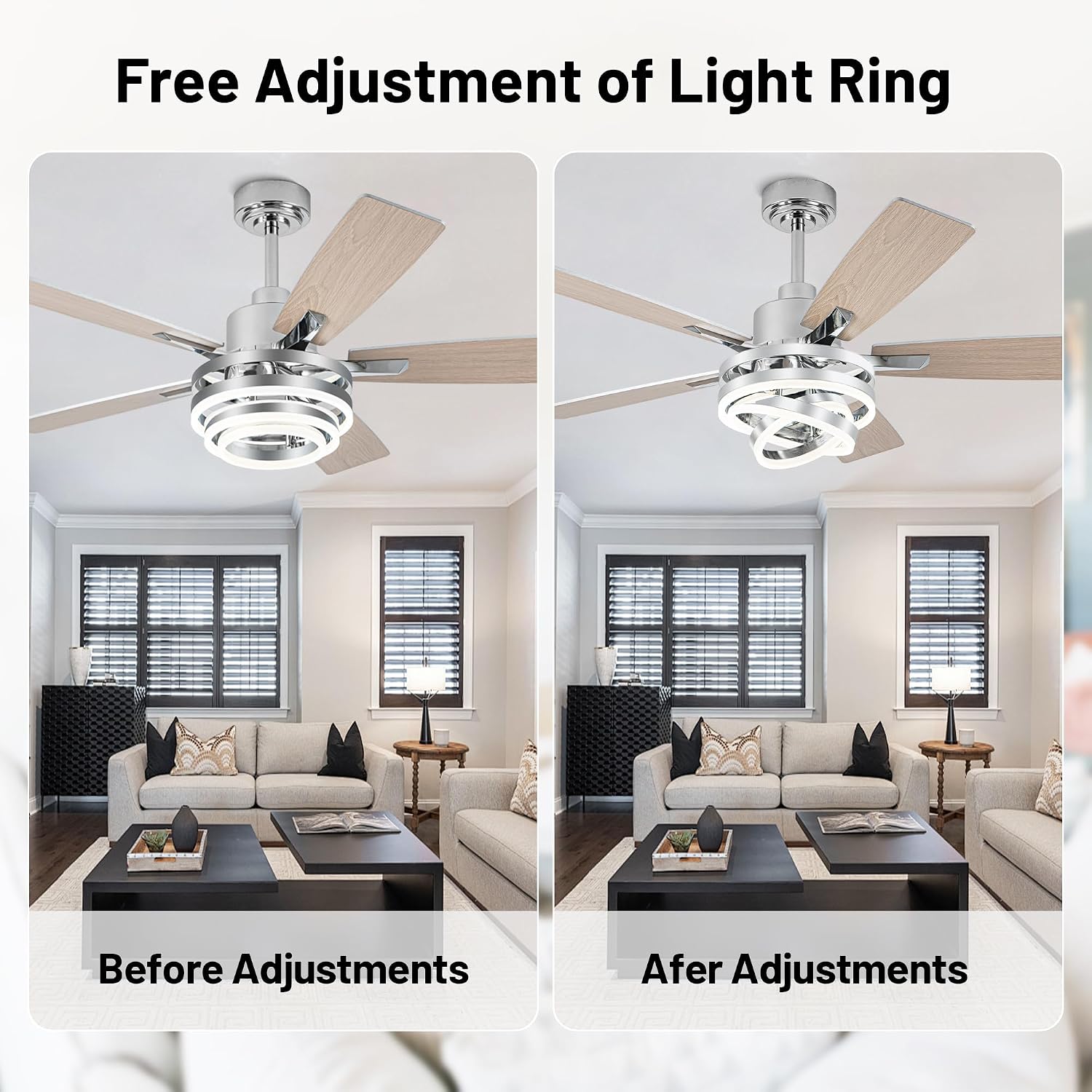 52 Inch Farmhouse Ceiling Fan with Light and Remote Control,Reversible DC Motor,Dimmable,DIY Rings LED,Chandelier Ceiling Fan with 5 Dual Finish Bladesfor Living Room/Dining Room/Bedroom