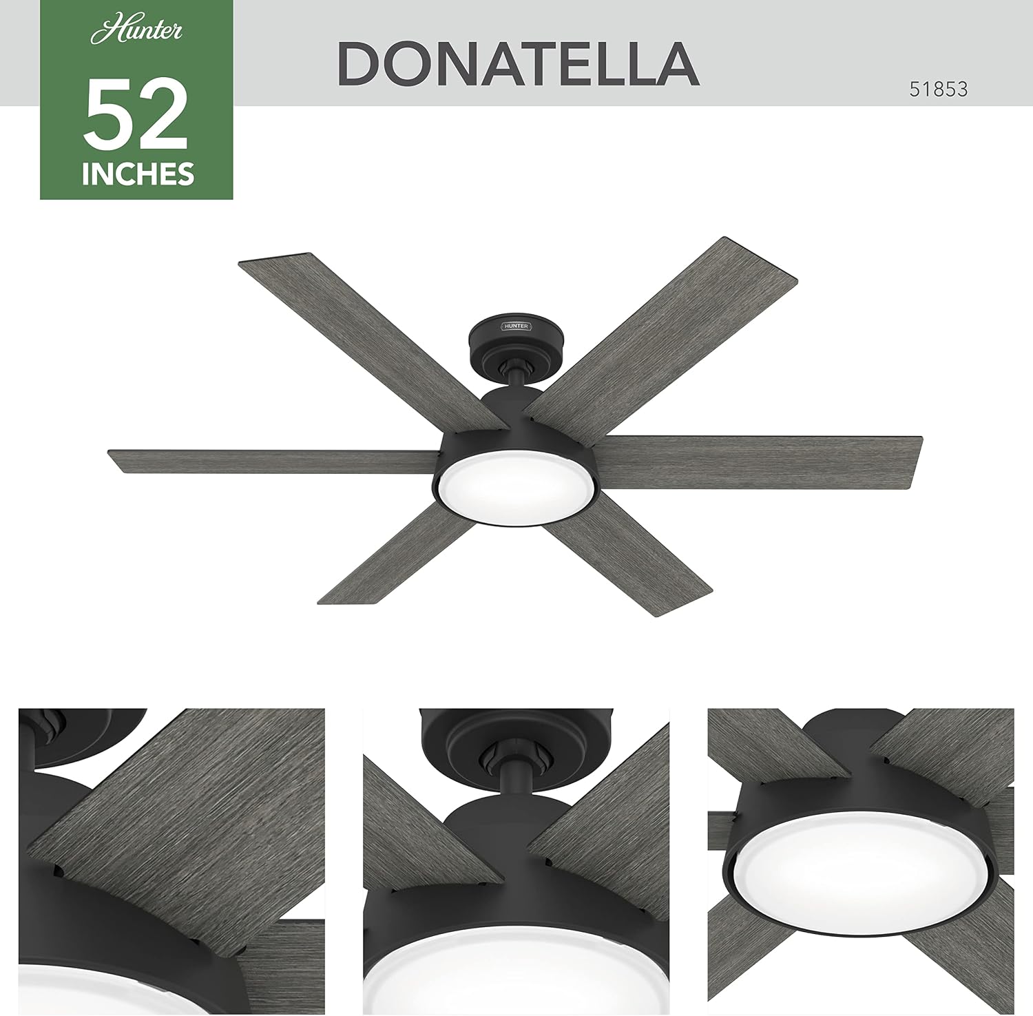 Hunter 52 inch Donatella Matte Black Ceiling Fan with LED Light Kit and Handheld Remote