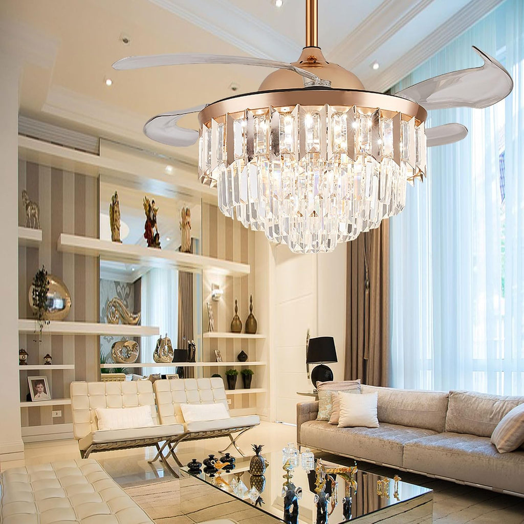 48' Dimmable Gold Fandelier Crystal LED Ceiling Fans with Lights and Remote Modern Retractable Blade Ceiling Lighting Fan Kit for Bedroom Dinning Room Living Room