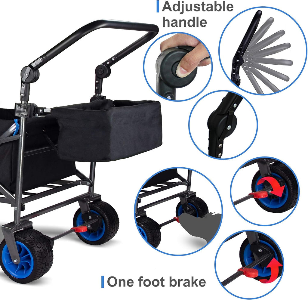 Folding Utility Wagon Heavy-Duty Collapsible Garden Cart with Brakes & Adjustable Handle & All Terrain Wheels for Gardening, Beach Trips,Outdoor Camping, Shopping (Black Blue)