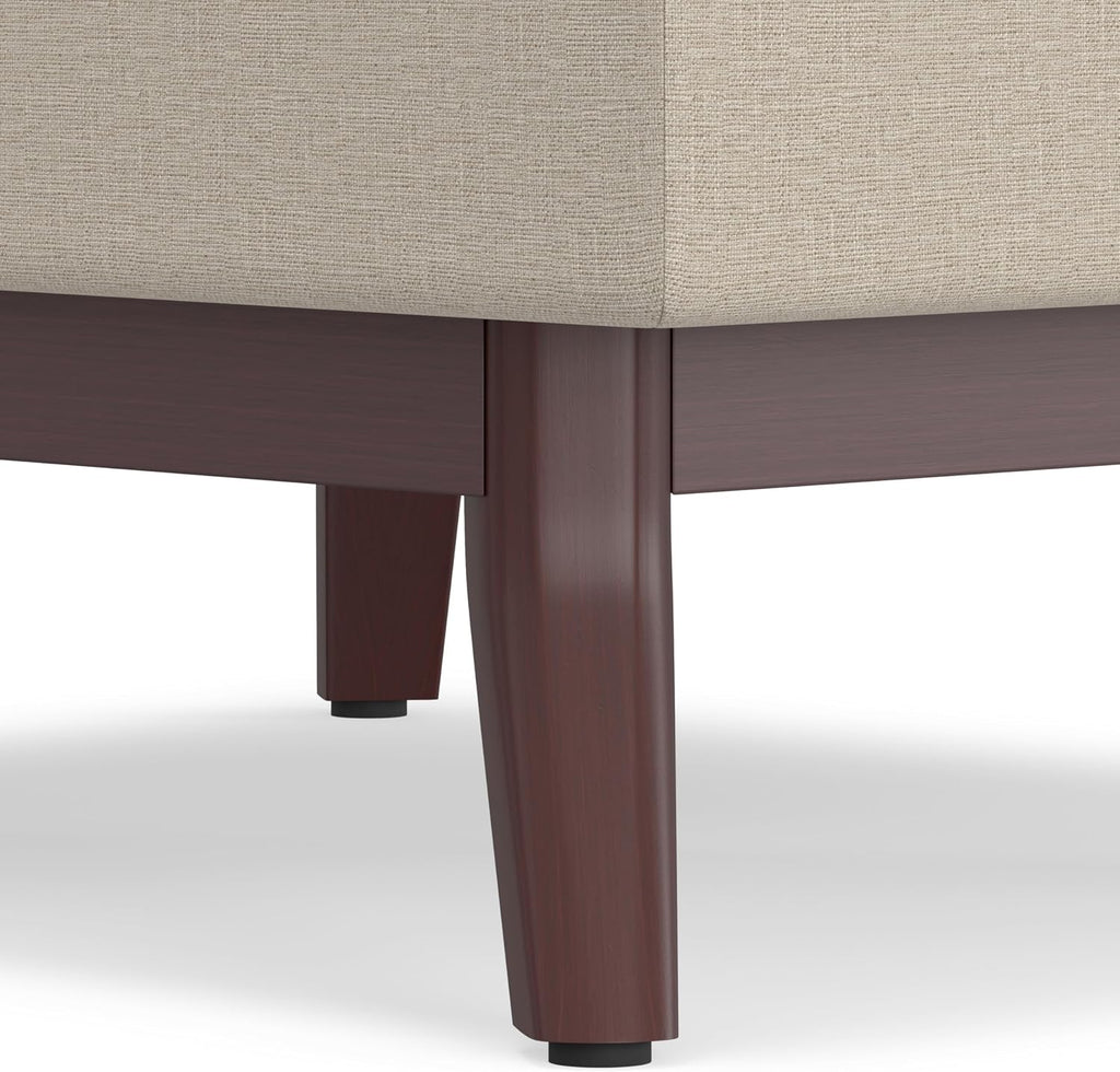 SIMPLIHOME Owen Coffee Table Storage Ottoman - 34' Wide x 19' High Upholstered Linen Look Fabric Rectangular Lift-Top Ottoman in Natural, Mid-Century Modern Bench for Living Room with Tapered Legs